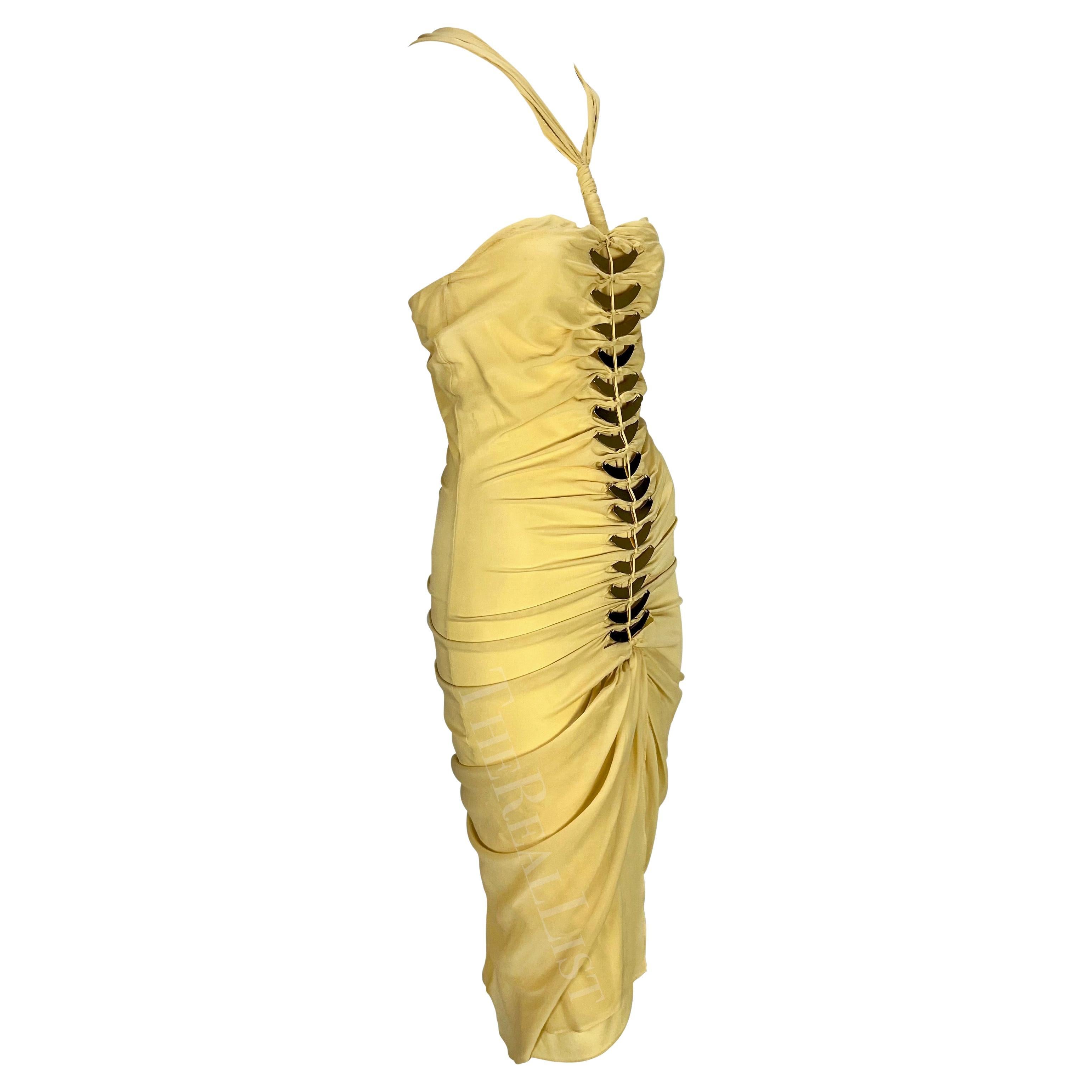 S/S 2005 Gucci Beige Cutout Gold-Tone Metal Spine Bodycon Mini Dress For Sale 6