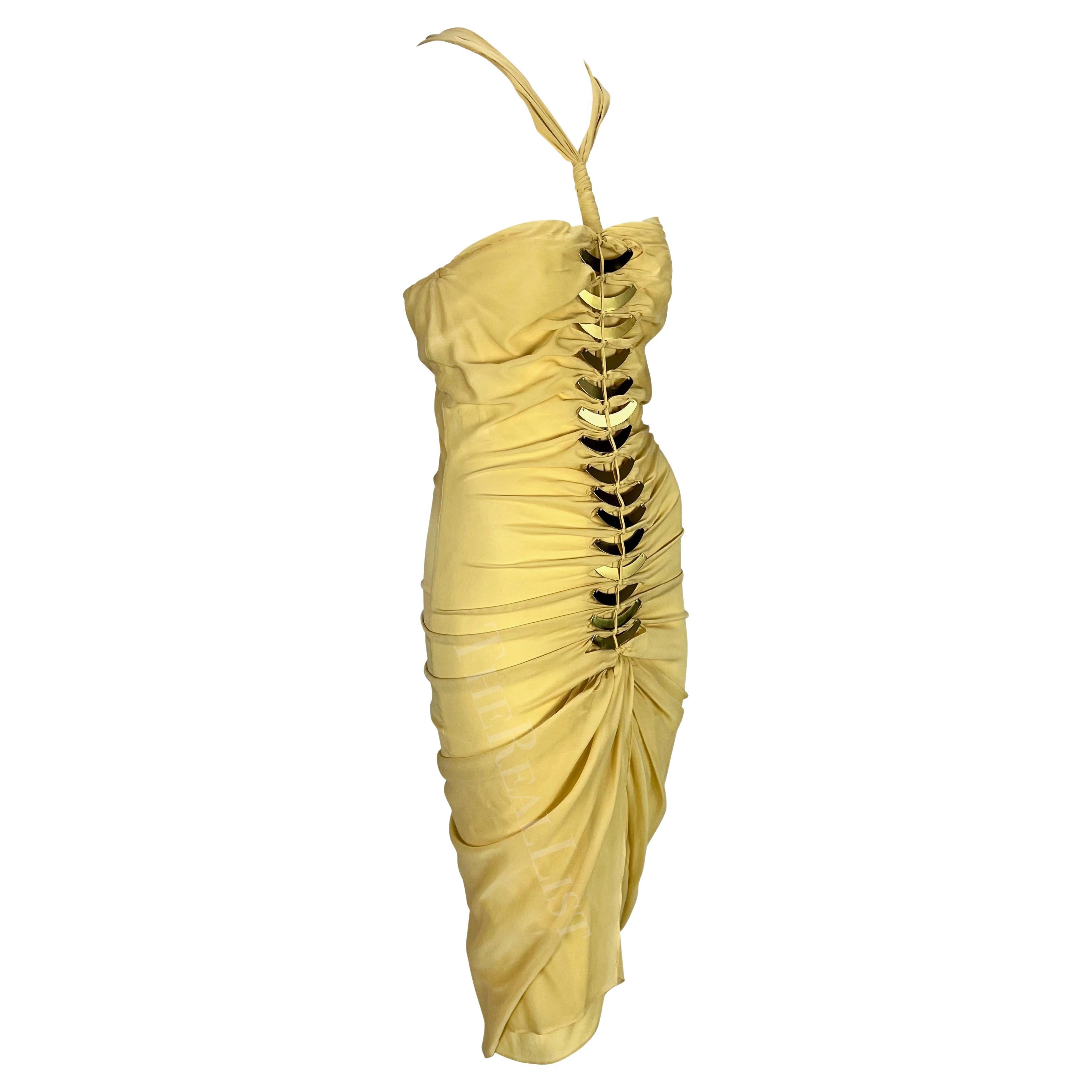 S/S 2005 Gucci Beige Cutout Gold-Tone Metal Spine Bodycon Mini Dress For Sale 7
