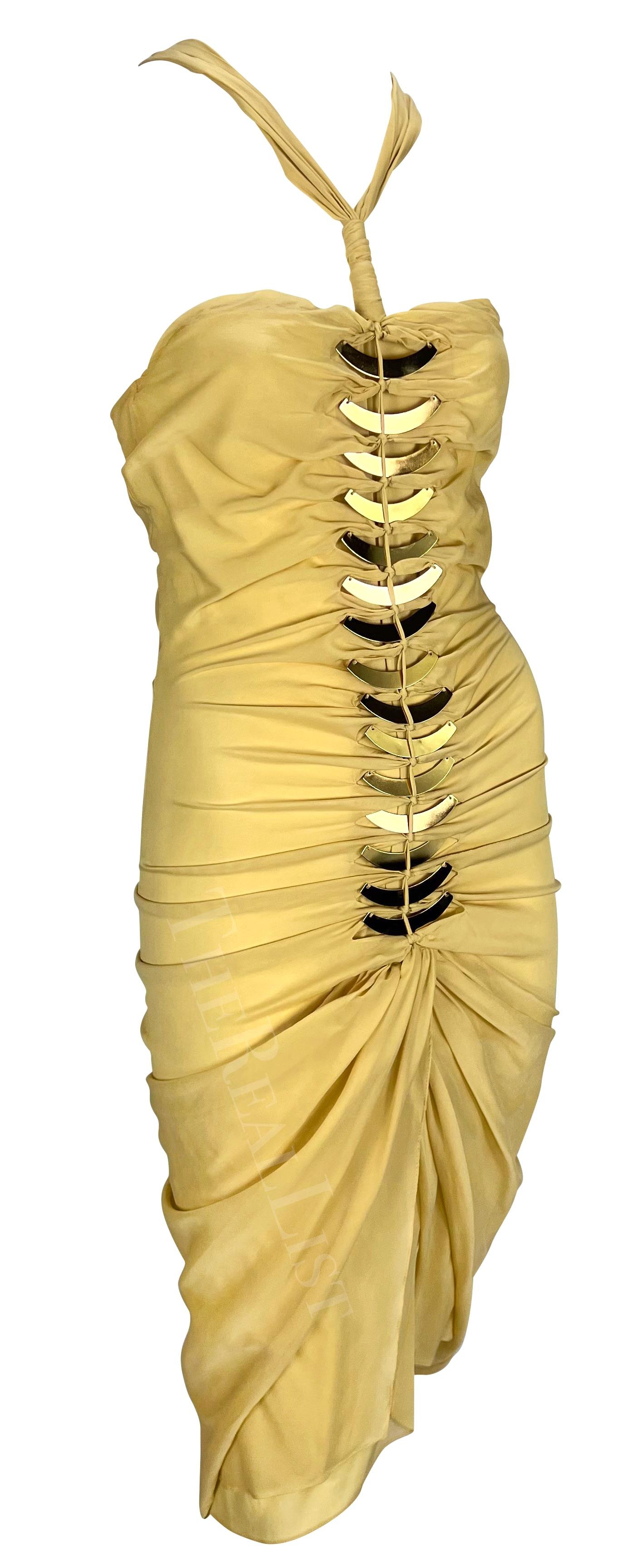 S/S 2005 Gucci Beige Cutout Gold-Tone Metal Spine Bodycon Mini Dress For Sale 8
