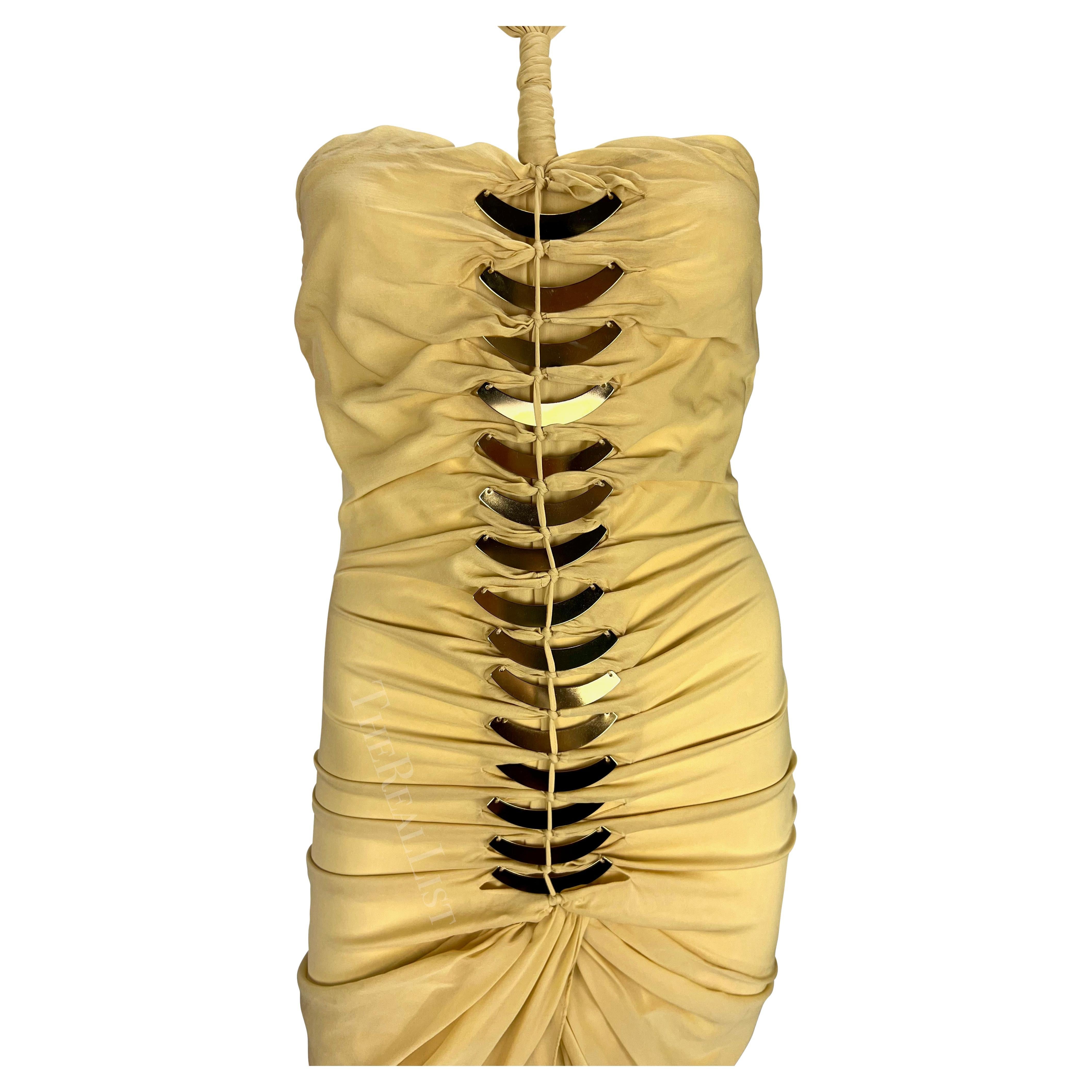 S/S 2005 Gucci Beige Cutout Gold-Tone Metal Spine Bodycon Mini Dress In Good Condition For Sale In West Hollywood, CA