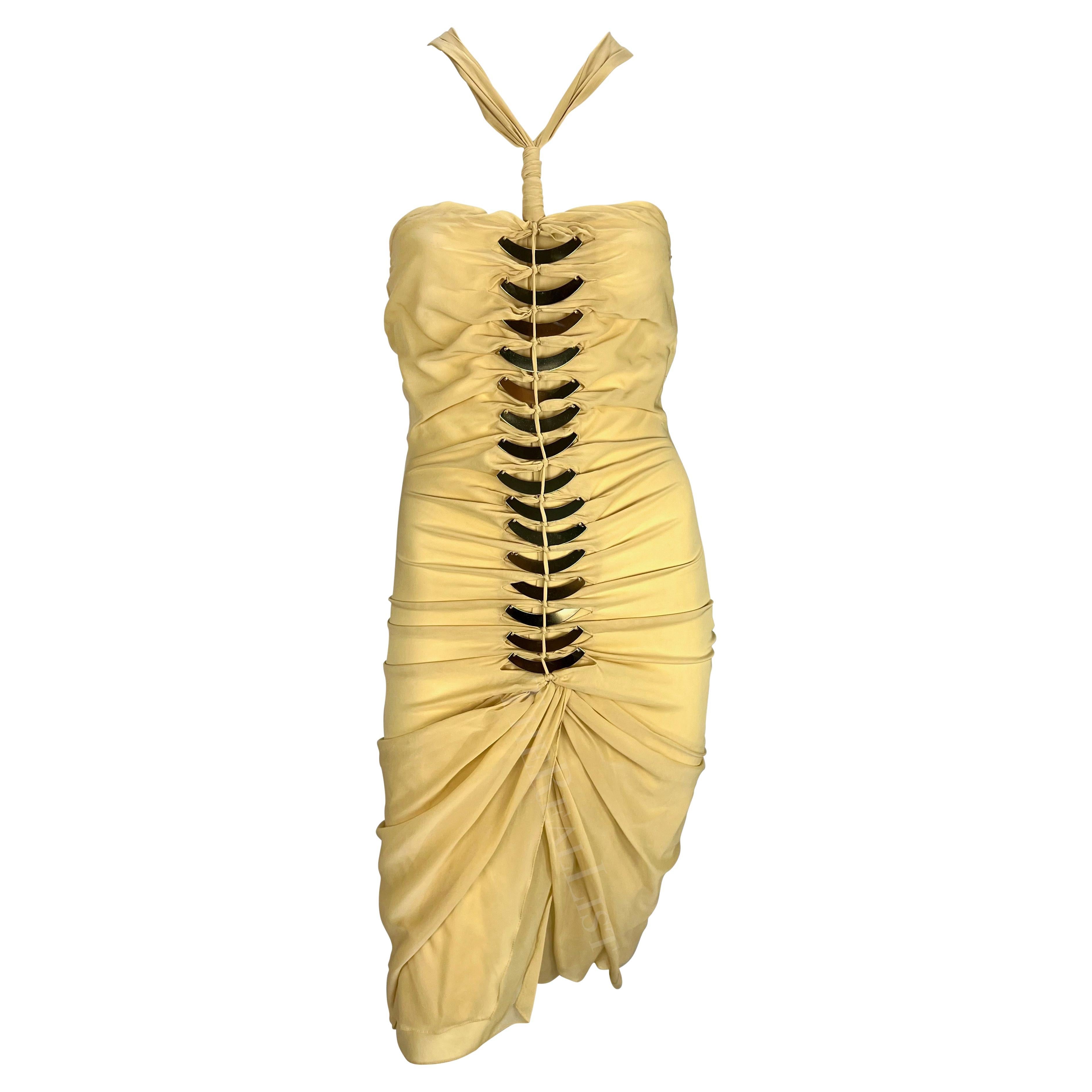 S/S 2005 Gucci Beige Cutout Gold-Tone Metal Spine Bodycon Mini Dress For Sale