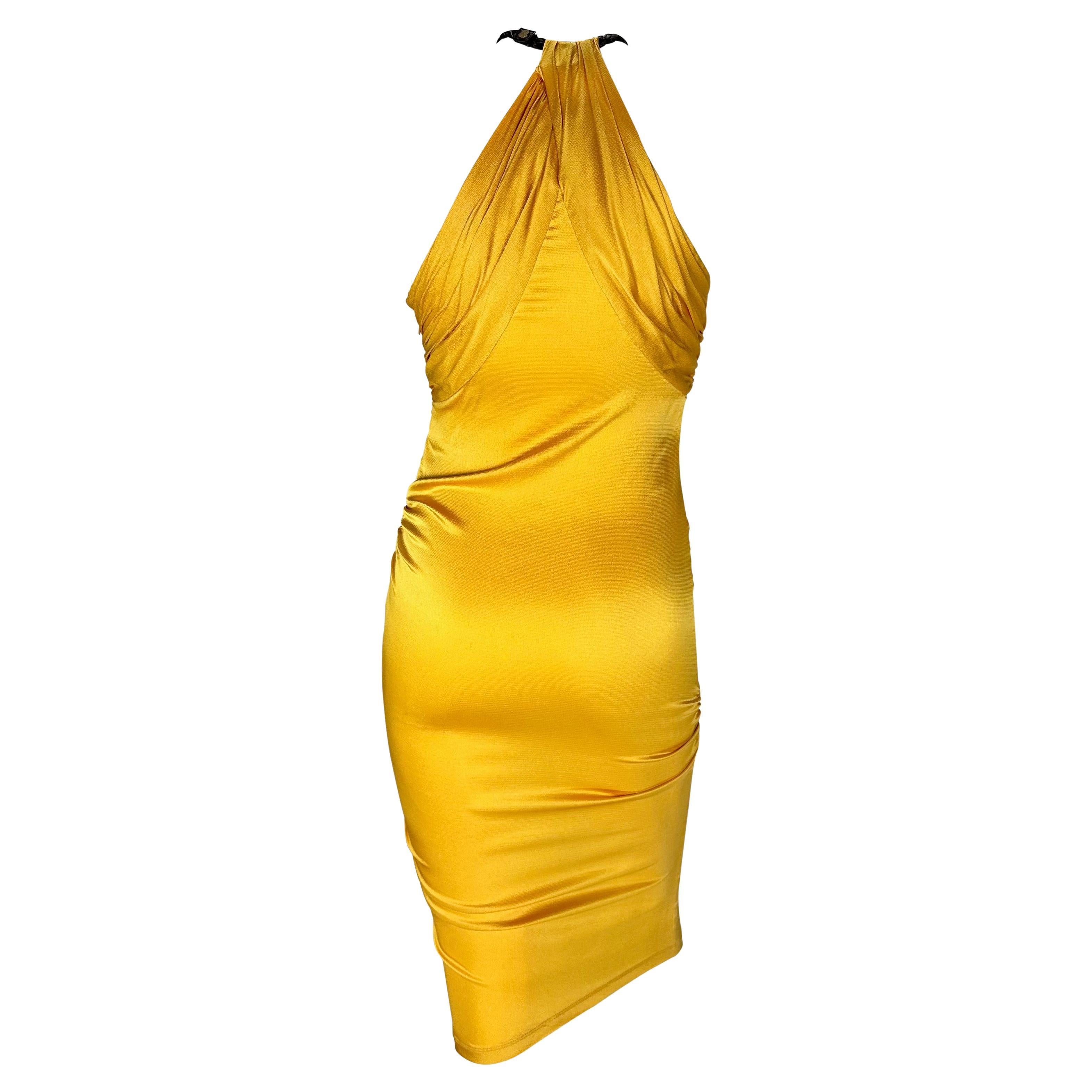 Women's S/S 2005 Gucci Beyoncé Marigold Yellow Ruched Satin Braided Leather Halter Dress For Sale