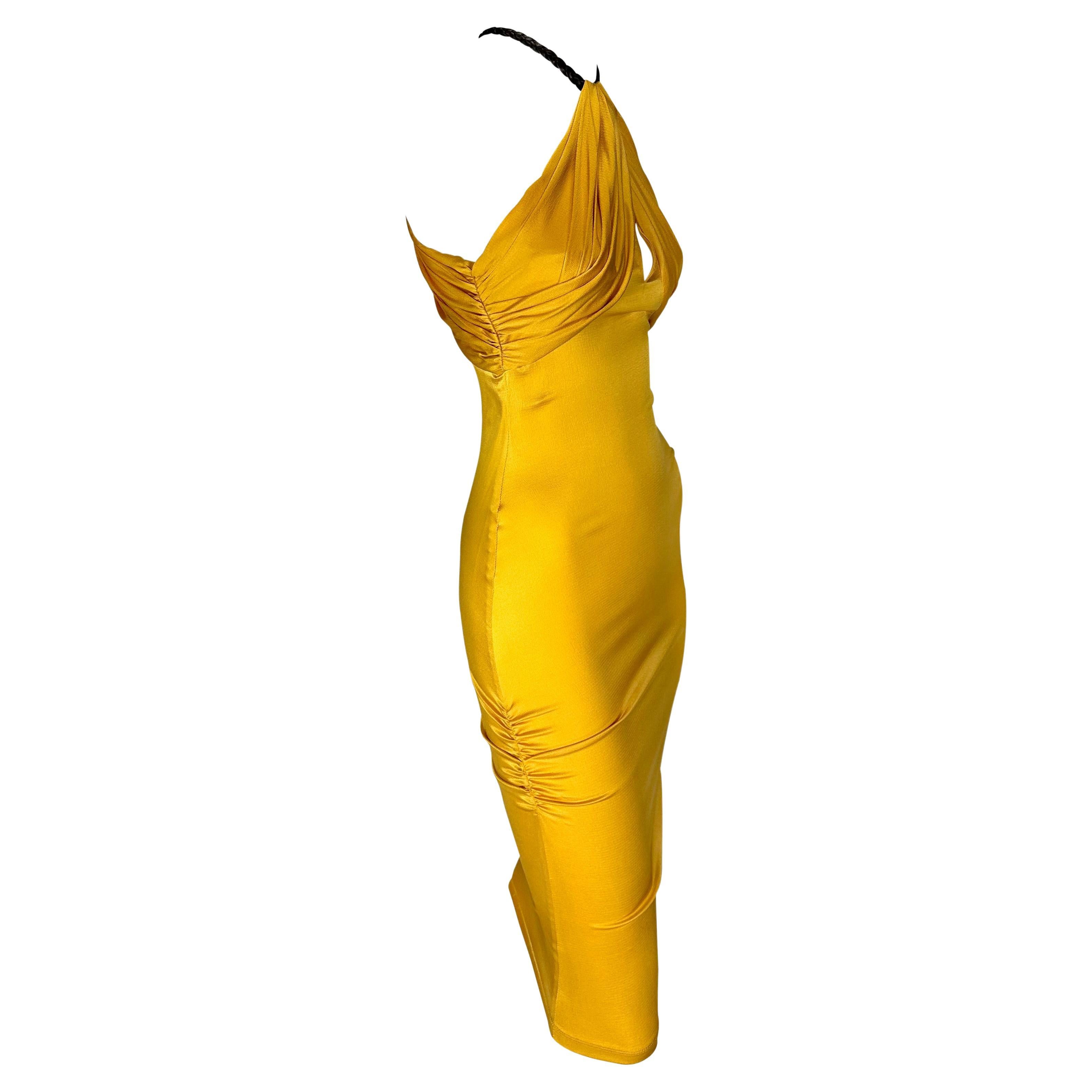S/S 2005 Gucci Beyoncé Marigold Yellow Ruched Satin Braided Leather Halter Dress For Sale 2