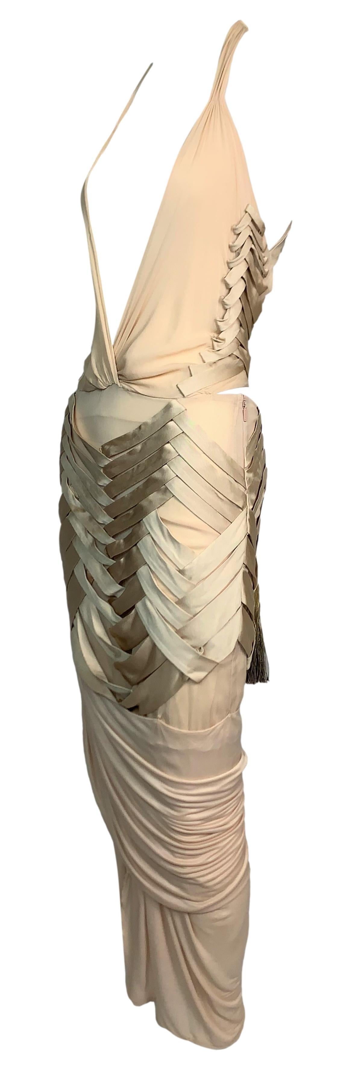 S/S 2005 Gucci Plunging Sheer Nude Silk Wiggle Dress w Fringe Ties In Good Condition In Yukon, OK