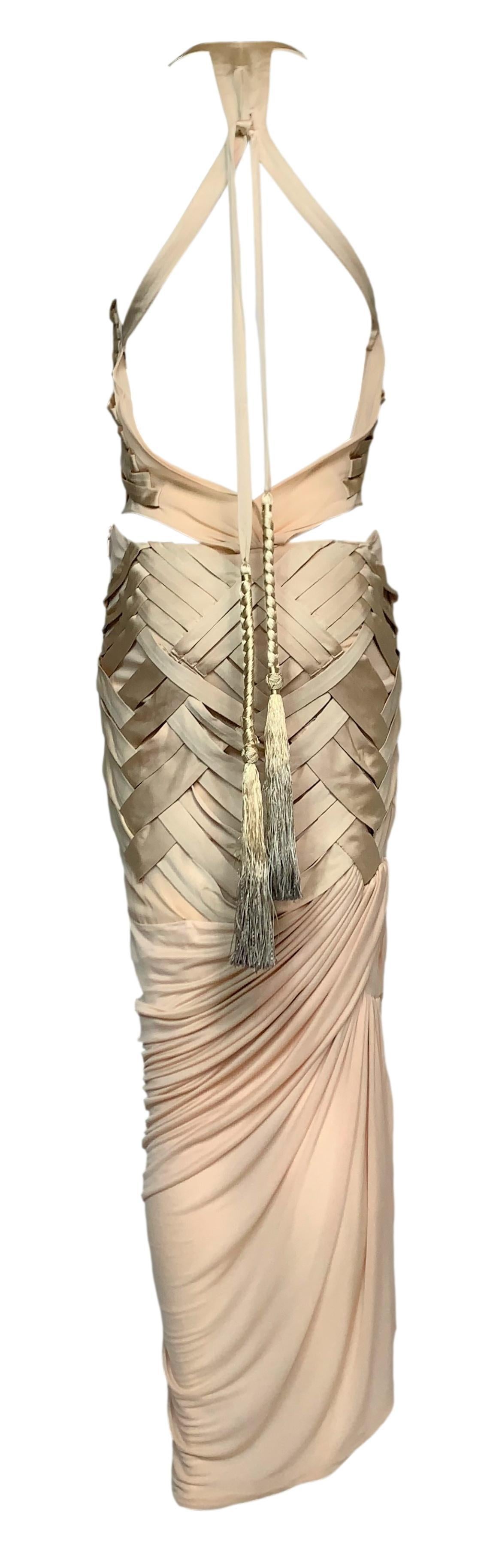 Women's S/S 2005 Gucci Plunging Sheer Nude Silk Wiggle Dress w Fringe Ties