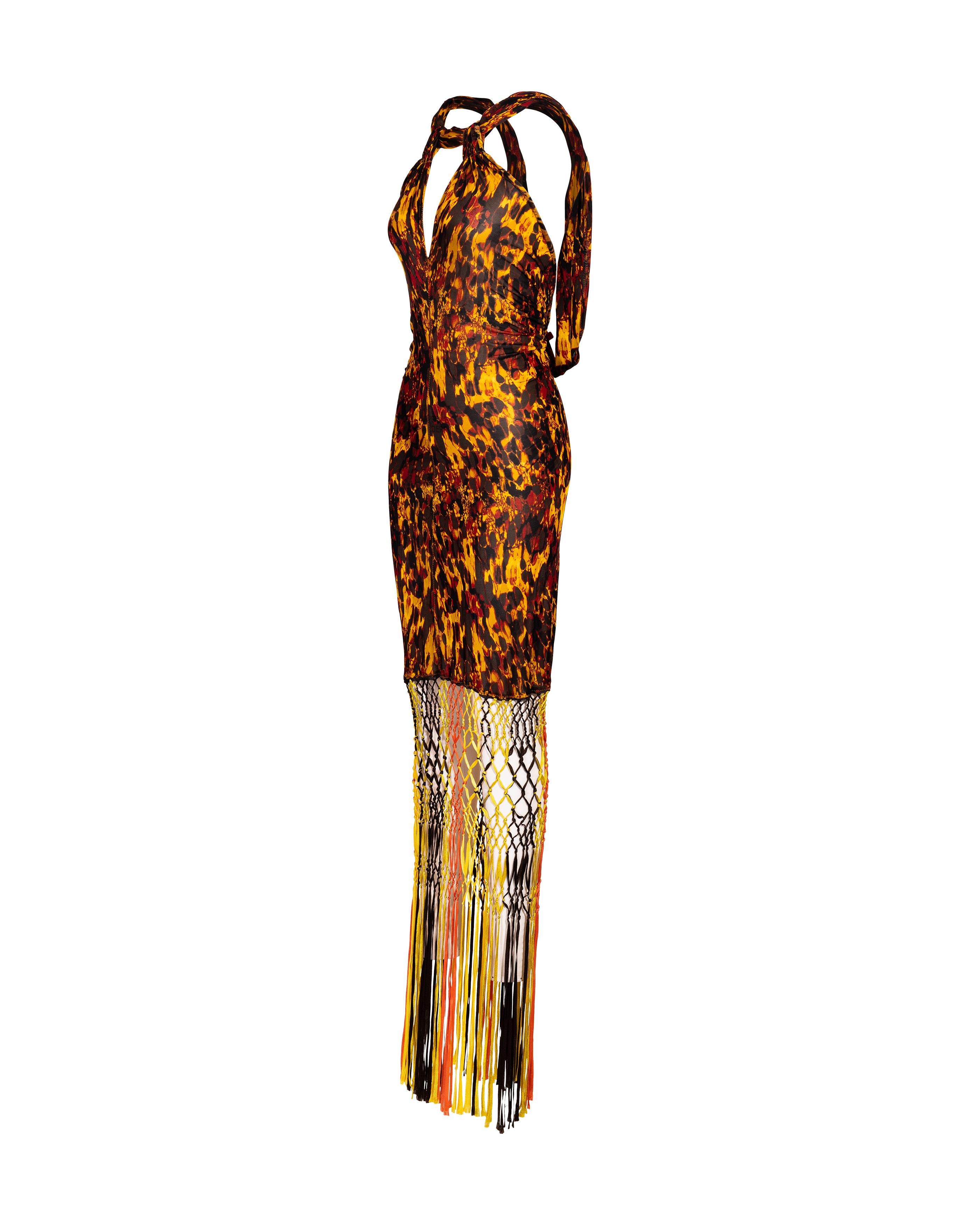 S/S 2005 Jean Paul Gaultier Tortoiseshell Print Macrame Fringe Gown In Excellent Condition For Sale In North Hollywood, CA