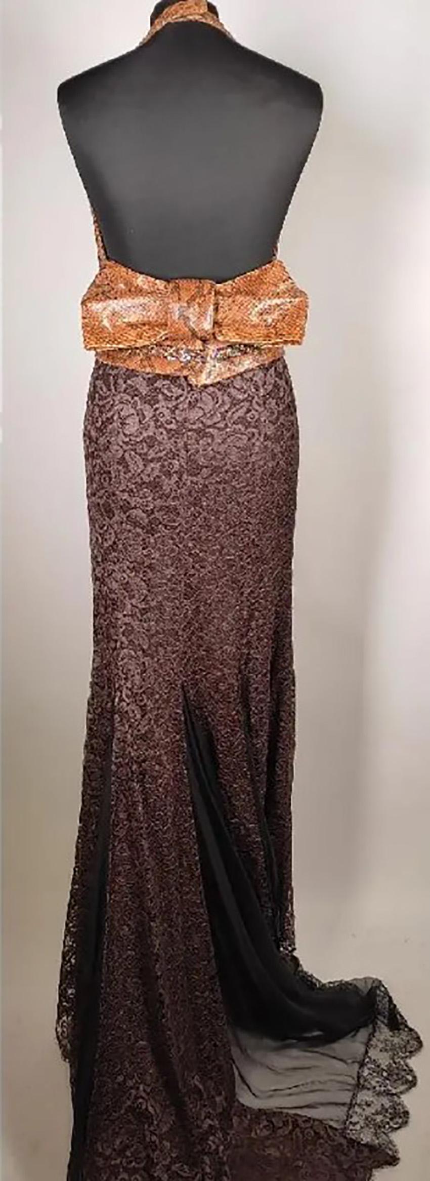 S/S 2005 L#84 DOLCE&GABBANA BROWN SILK LACE GOWN with BOW Sz IT 40 In Excellent Condition In Montgomery, TX