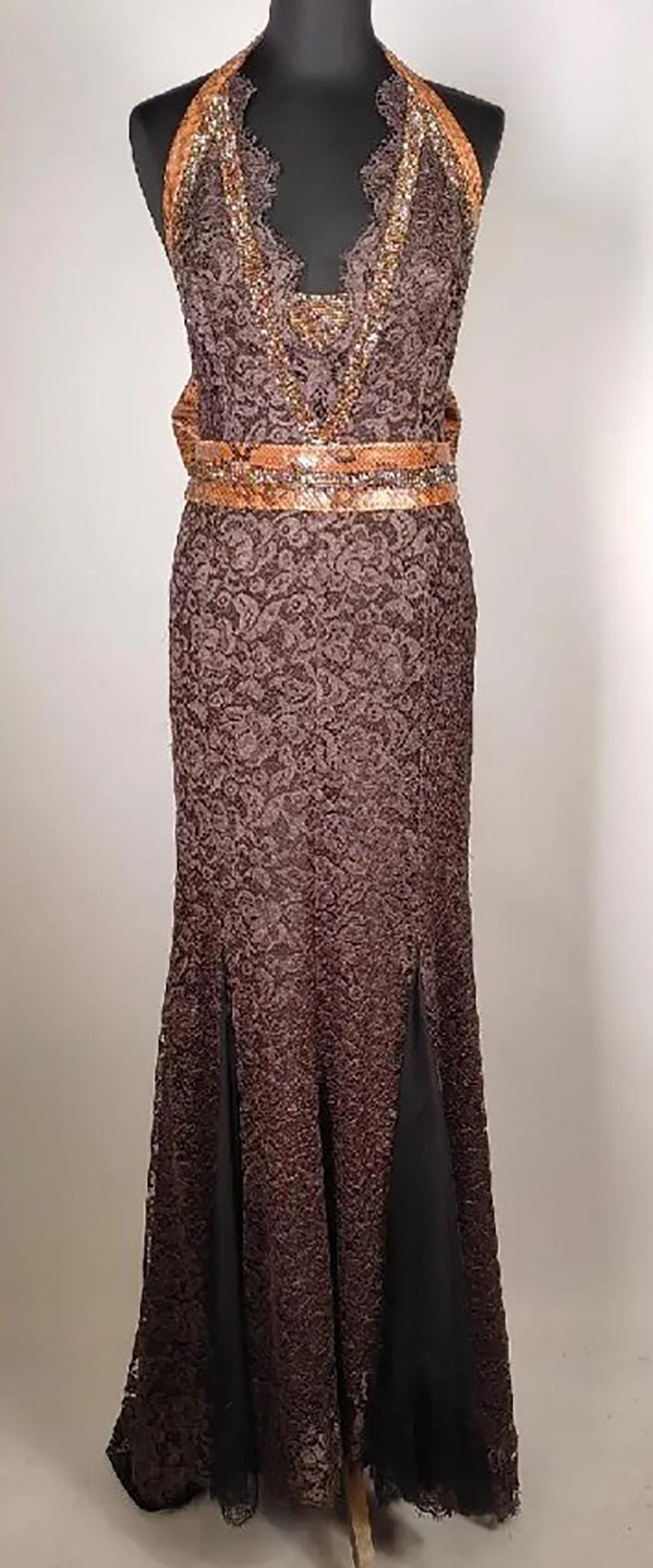 Women's S/S 2005 L#84 DOLCE&GABBANA BROWN SILK LACE GOWN with BOW Sz IT 40