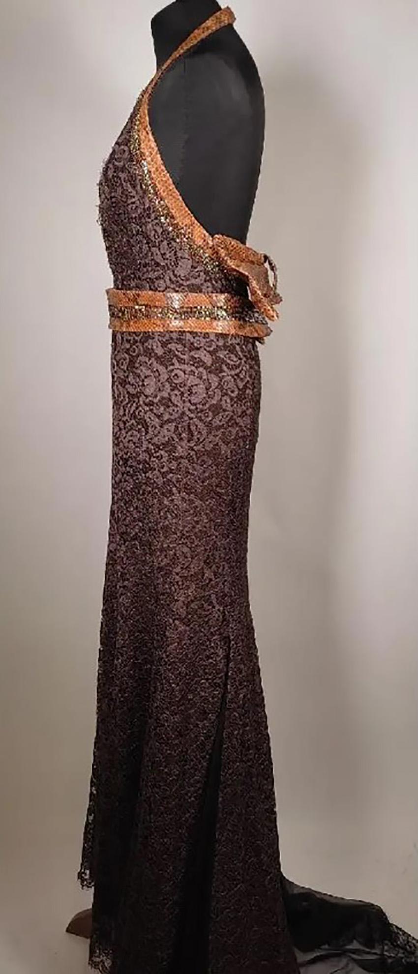 S/S 2005 L#84 DOLCE&GABBANA BROWN SILK LACE GOWN with BOW Sz IT 40 1