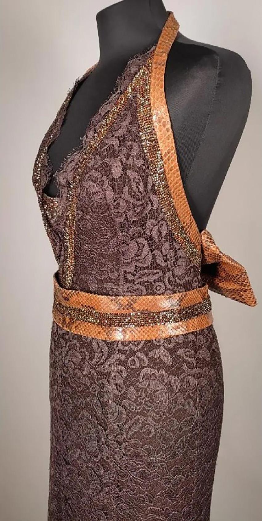 S/S 2005 L#84 DOLCE&GABBANA BROWN SILK LACE GOWN with BOW Sz IT 40 2