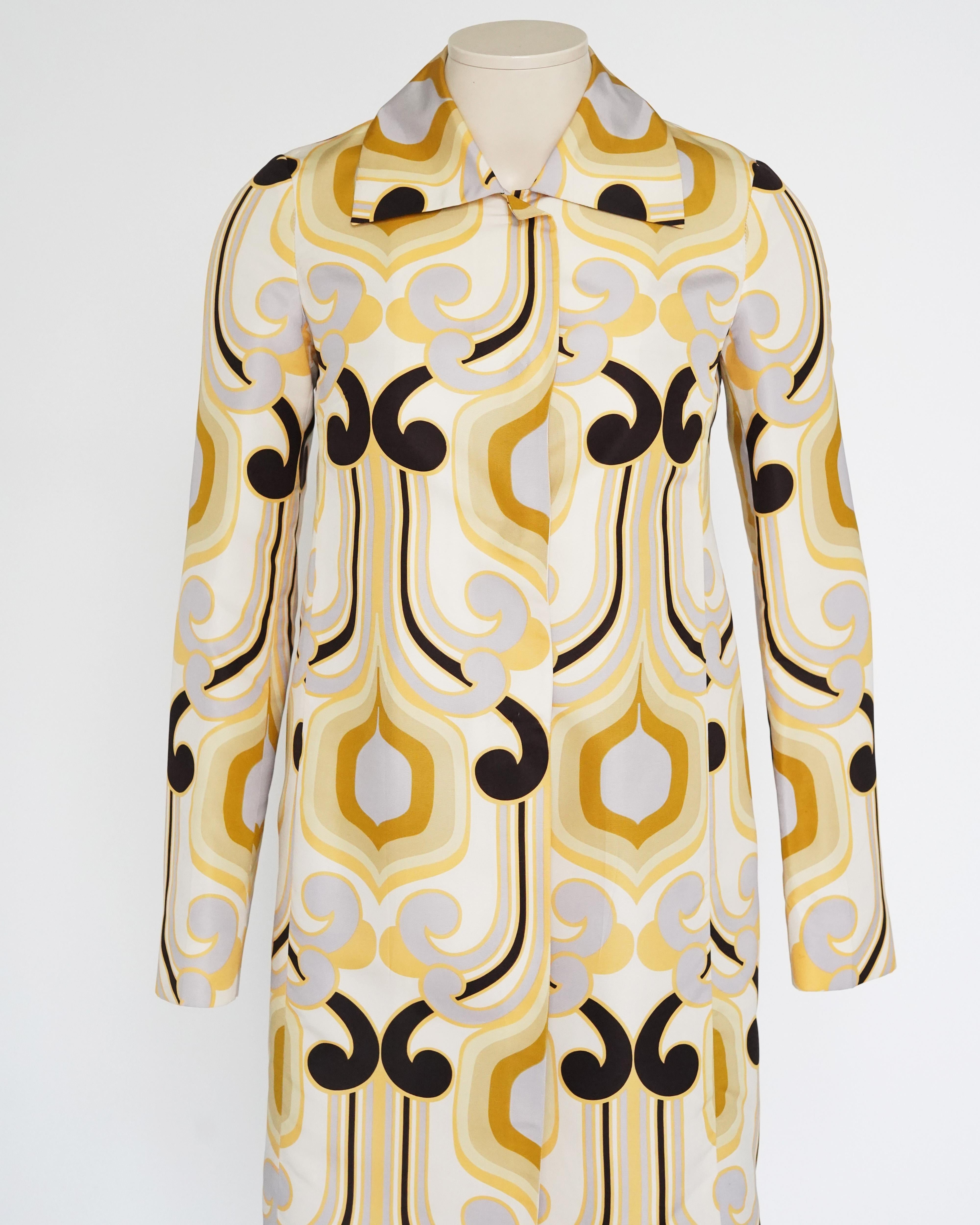 Beige S/S 2005 Miu Miu Runway Geometric Print Silk Coat