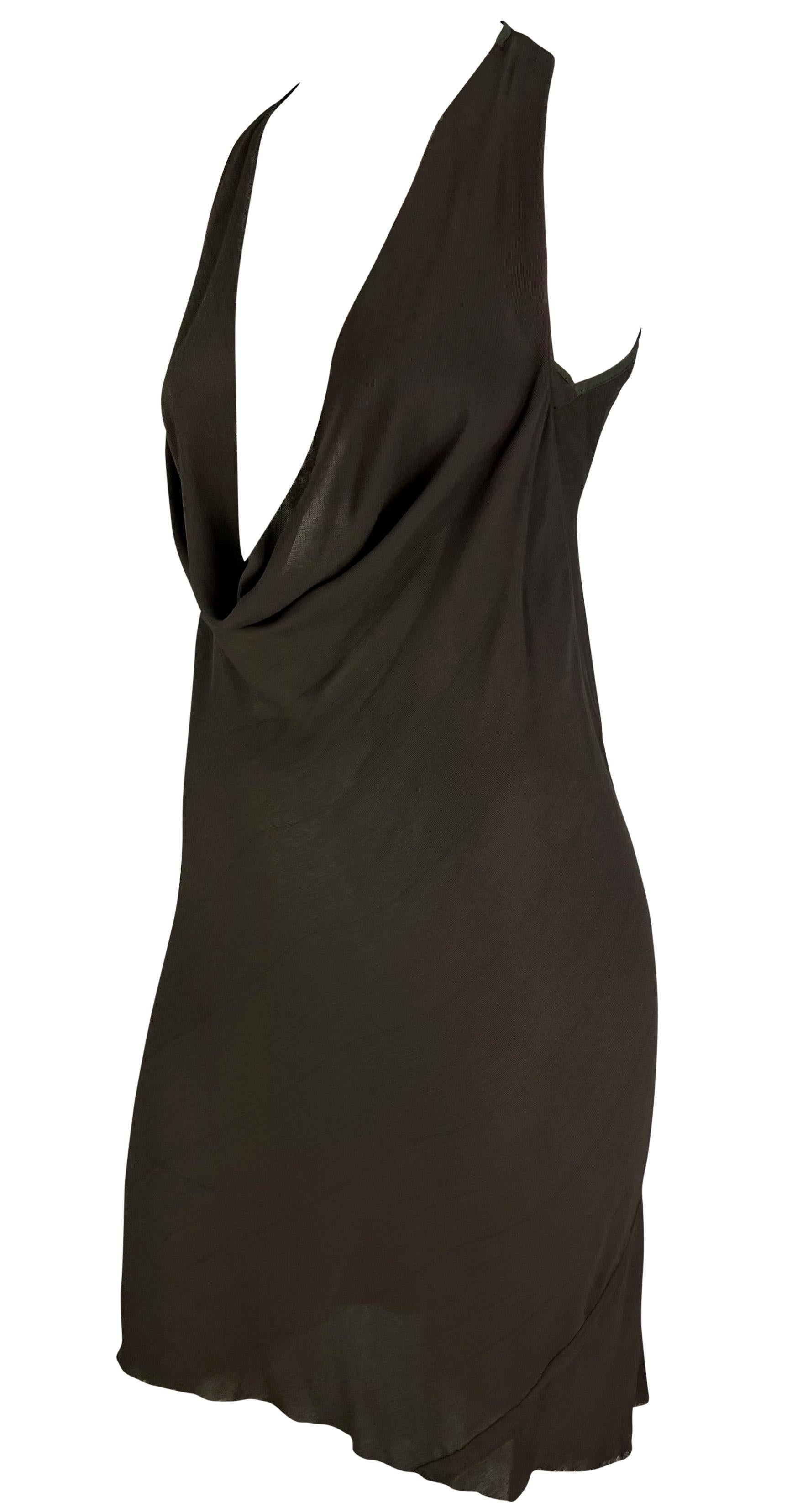 S/S 2005 Rick Owens 'Scorpio' Sheer Raw Edge Plunging Cowl Brown Mini Dress In Excellent Condition For Sale In West Hollywood, CA