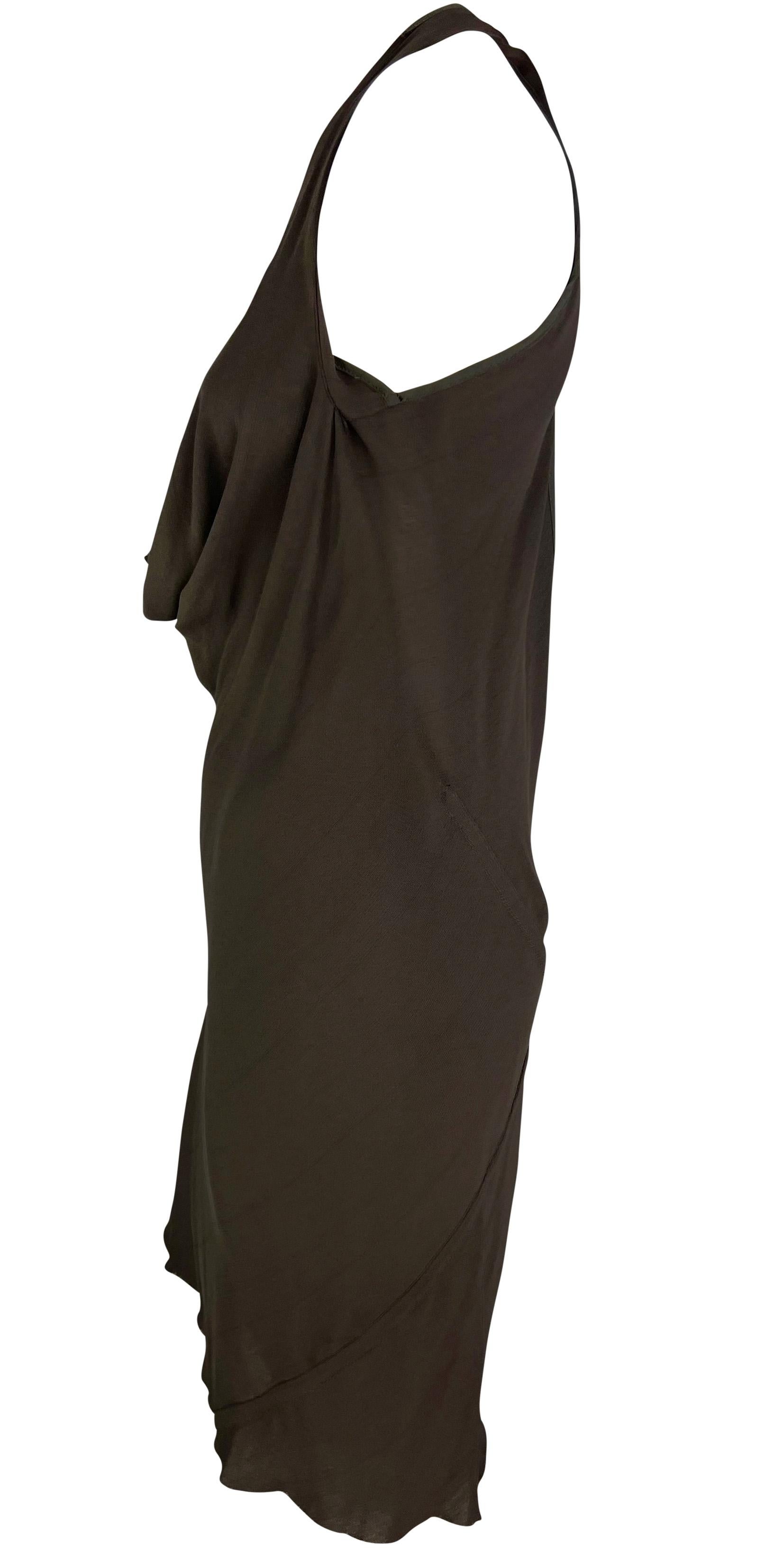 Women's S/S 2005 Rick Owens 'Scorpio' Sheer Raw Edge Plunging Cowl Brown Mini Dress For Sale