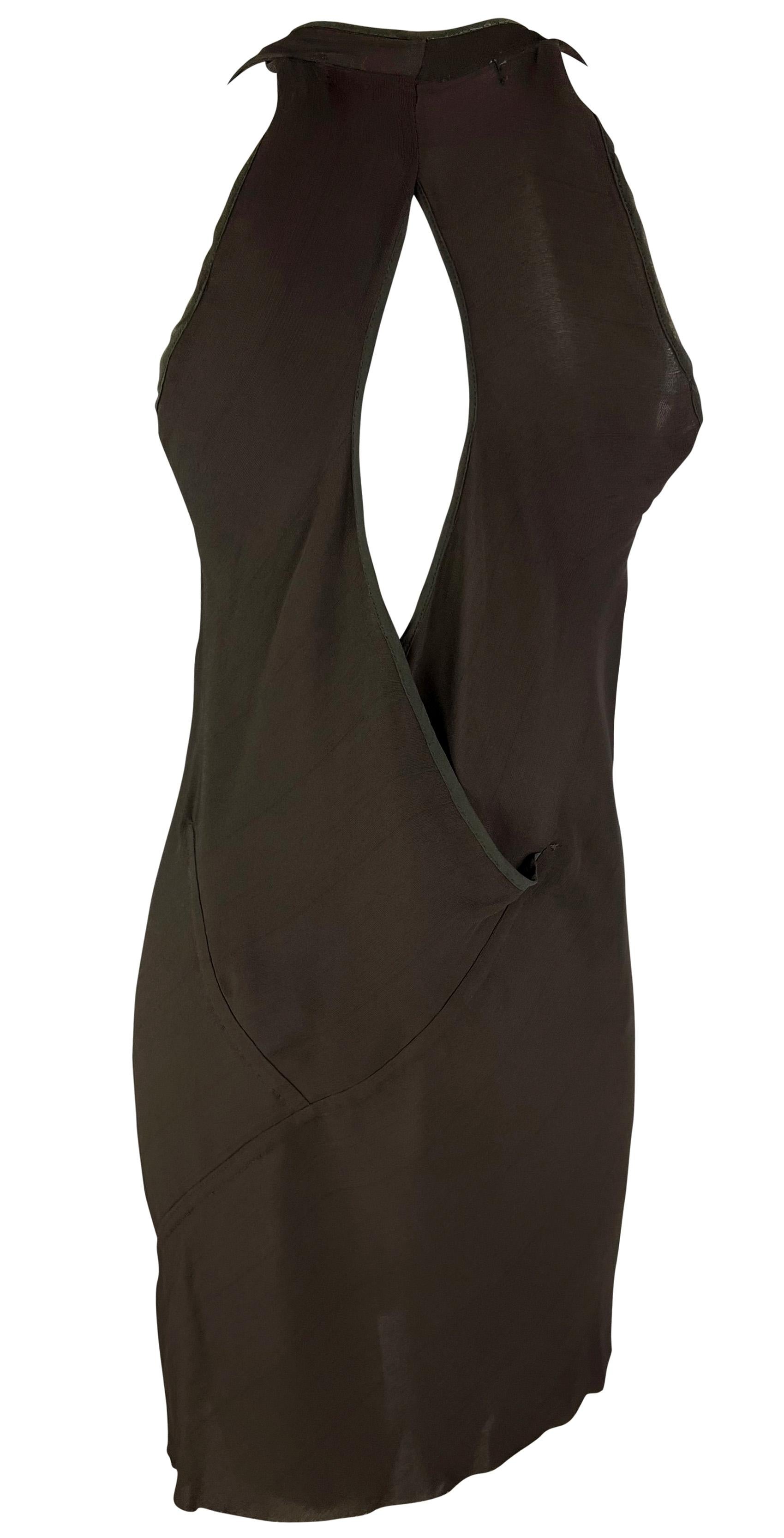 Women's S/S 2005 Rick Owens 'Scorpio' Sheer Raw Edge Plunging Cowl Brown Mini Dress