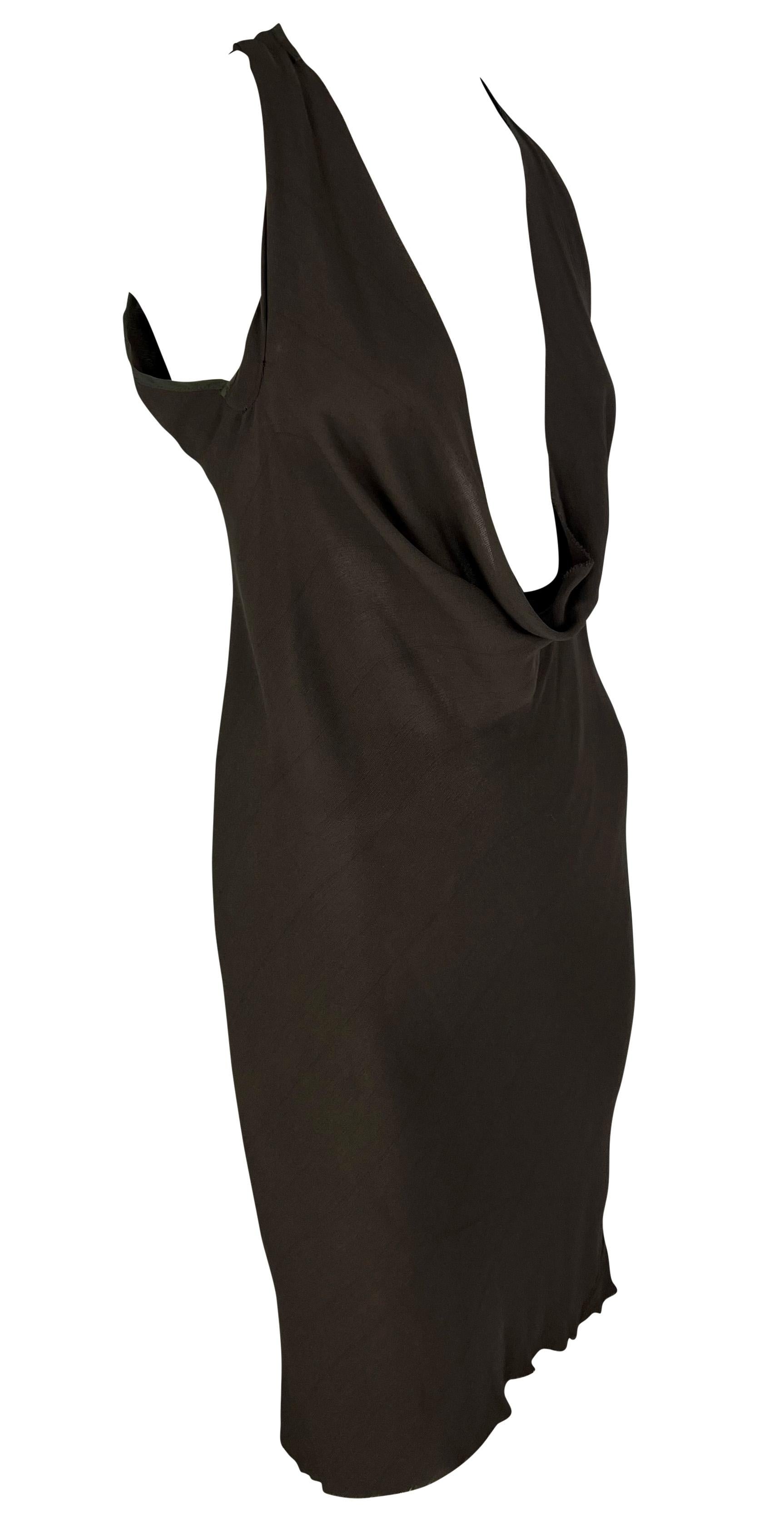 S/S 2005 Rick Owens 'Scorpio' Sheer Raw Edge Plunging Cowl Brown Mini Dress For Sale 3