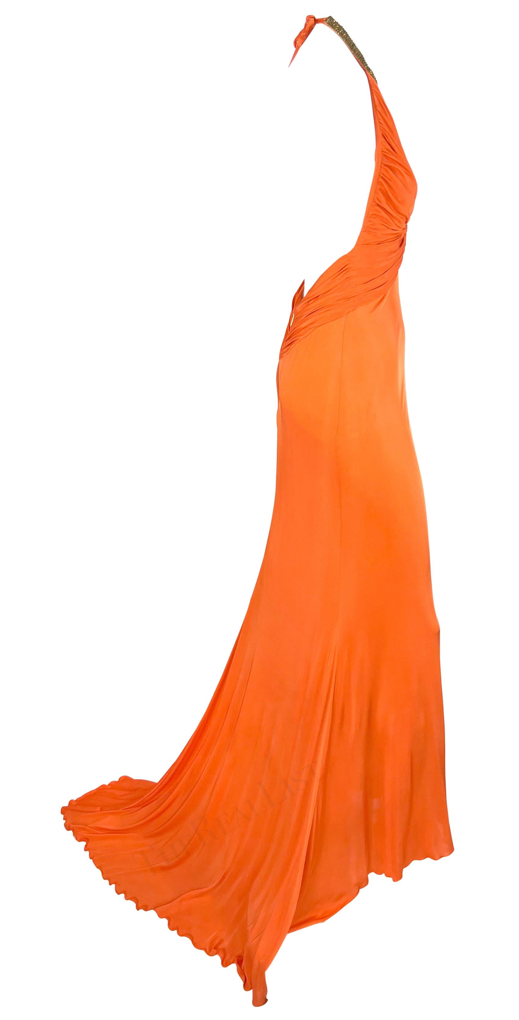 Women's S/S 2005 Roberto Cavalli Backless Orange Bodycon Gold Sequin Plunging Gown For Sale
