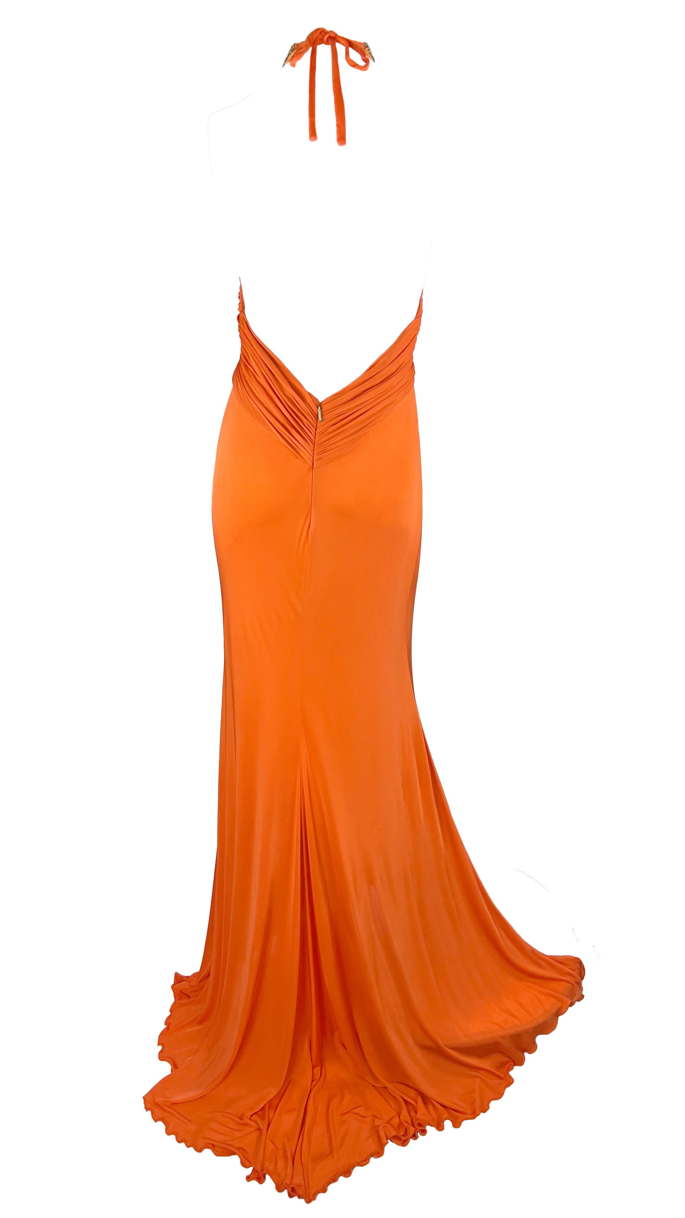 S/S 2005 Roberto Cavalli Backless Orange Bodycon Gold Sequin Plunging Gown For Sale 1