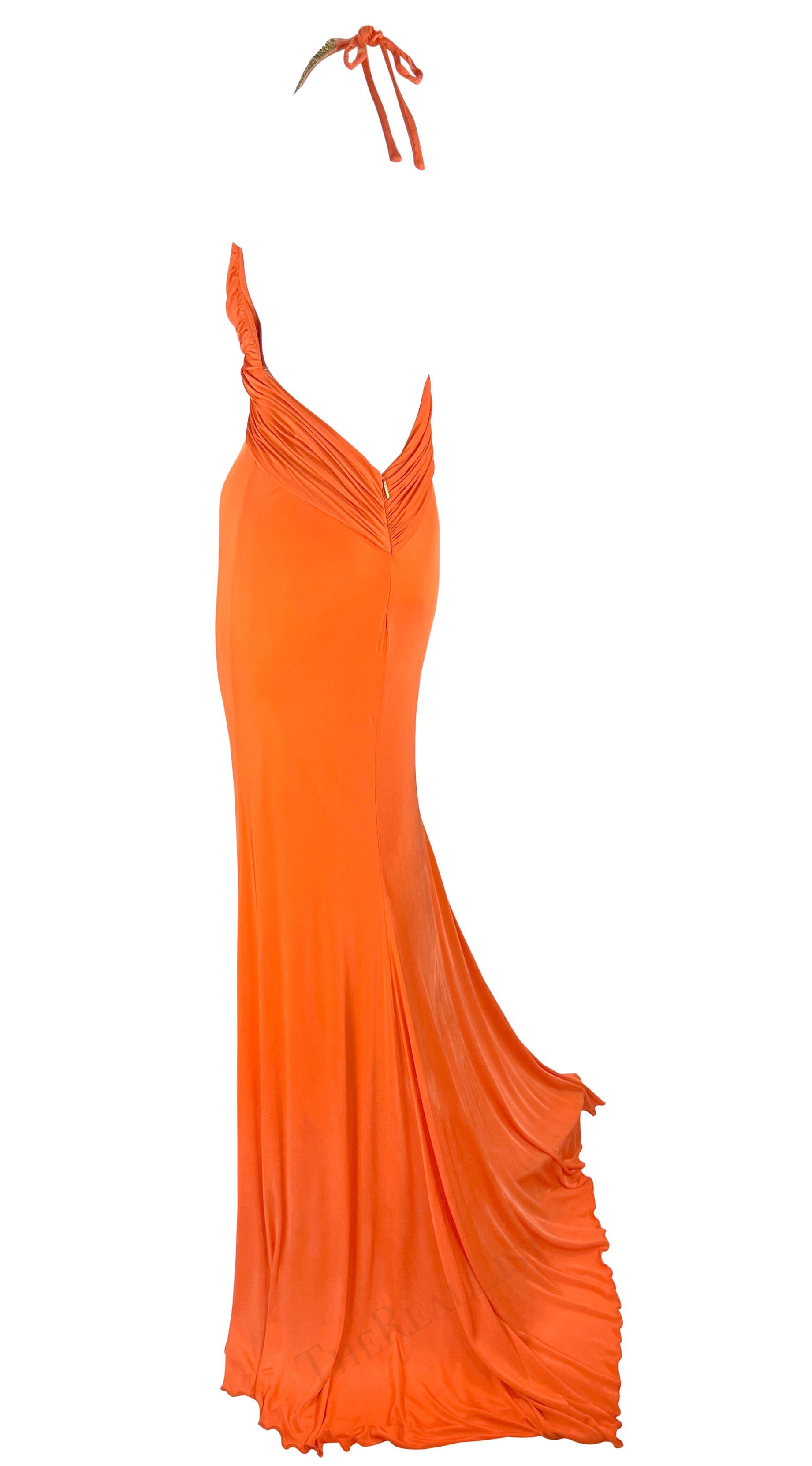 S/S 2005 Roberto Cavalli Backless Orange Bodycon Gold Sequin Plunging Gown For Sale 2