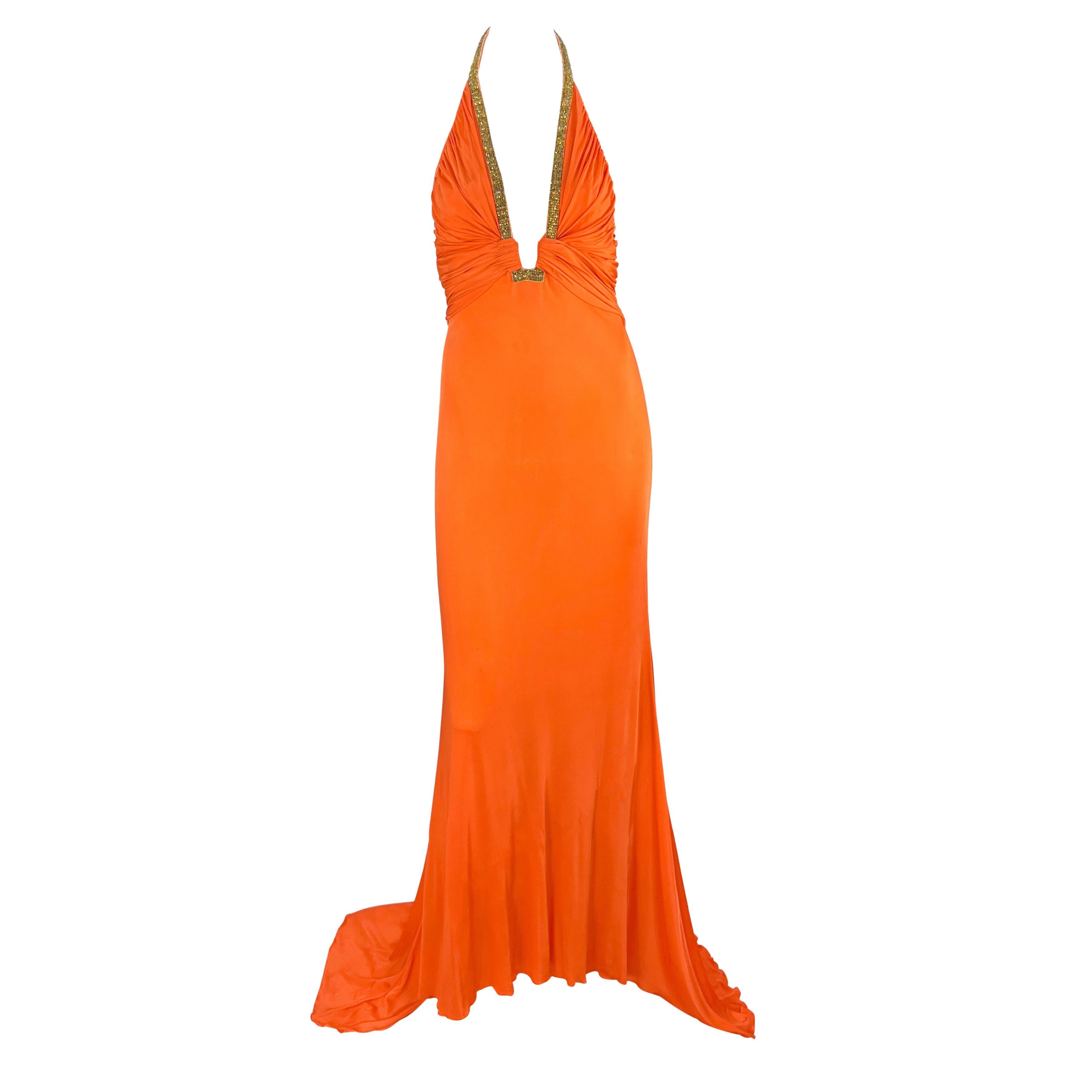 S/S 2005 Roberto Cavalli Backless Orange Bodycon Gold Sequin Plunging Gown For Sale