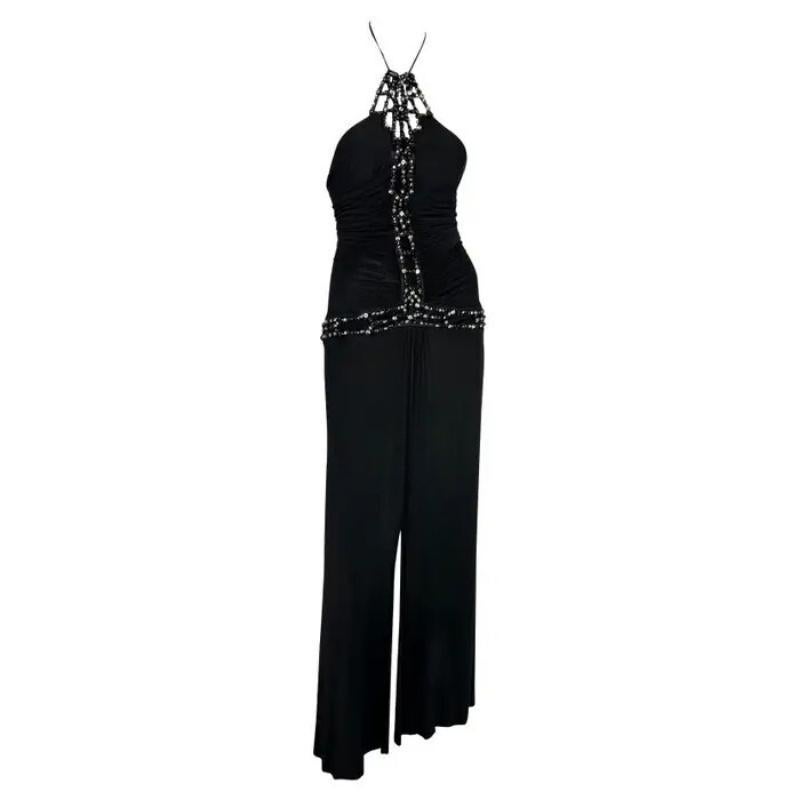 Roberto Cavalli - P/E 2005 - abito da sera con strass nero e strascico, con balza elasticizzata e Bodycon