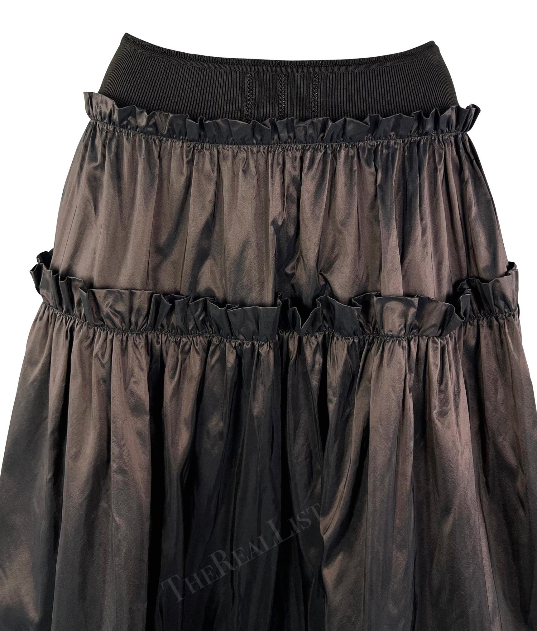 Women's S/S 2005 Roberto Cavalli Brown Ruffle Silk Taffeta Maxi Flare Skirt  For Sale
