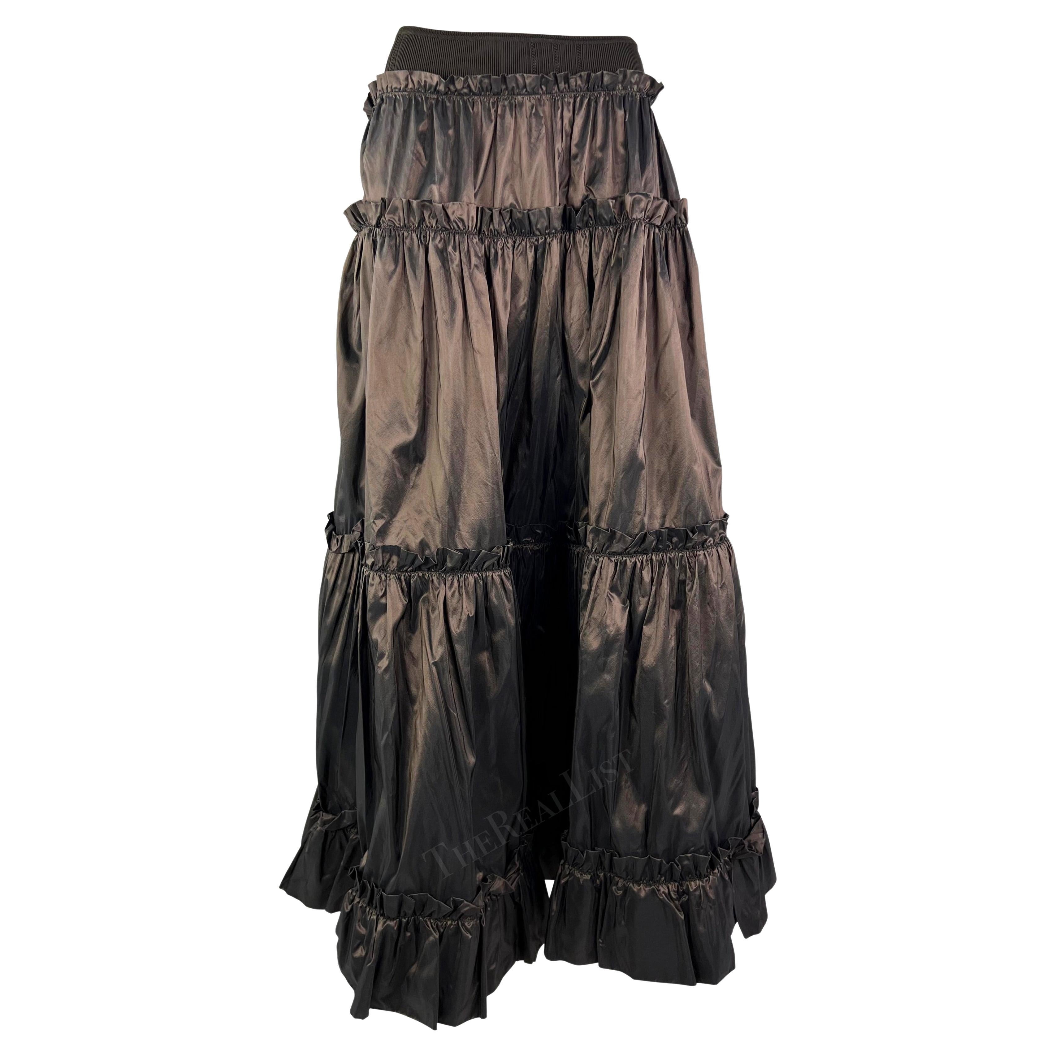 S/S 2005 Roberto Cavalli Brown Ruffle Silk Taffeta Maxi Flare Skirt  For Sale