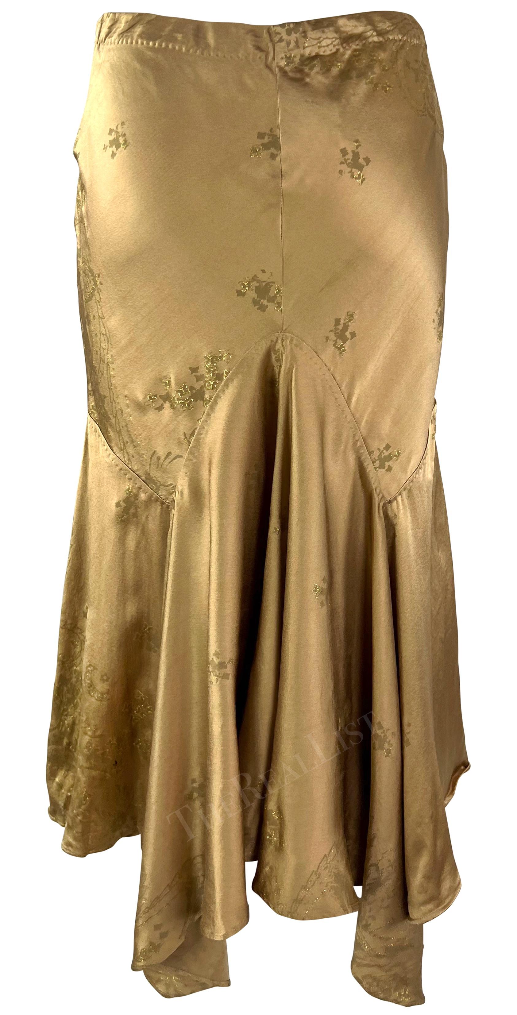 Roberto Cavalli, jupe fourreau midi évasée en soie à imprimé floral doré, printemps-été 2005  Pour femmes en vente