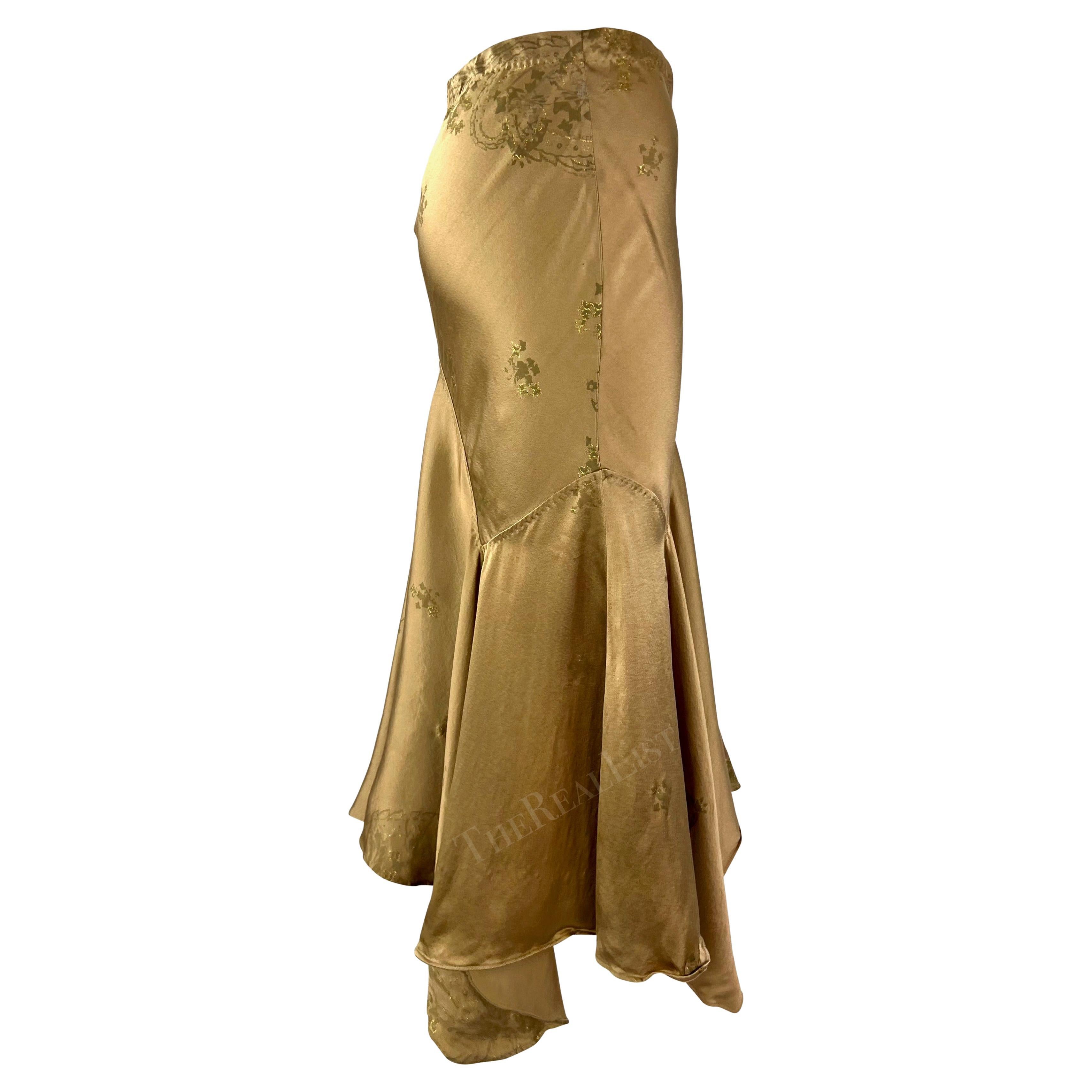 S/S 2005 Roberto Cavalli Gold Silk Floral Print Flare Midi Handkerchief Skirt  For Sale 1