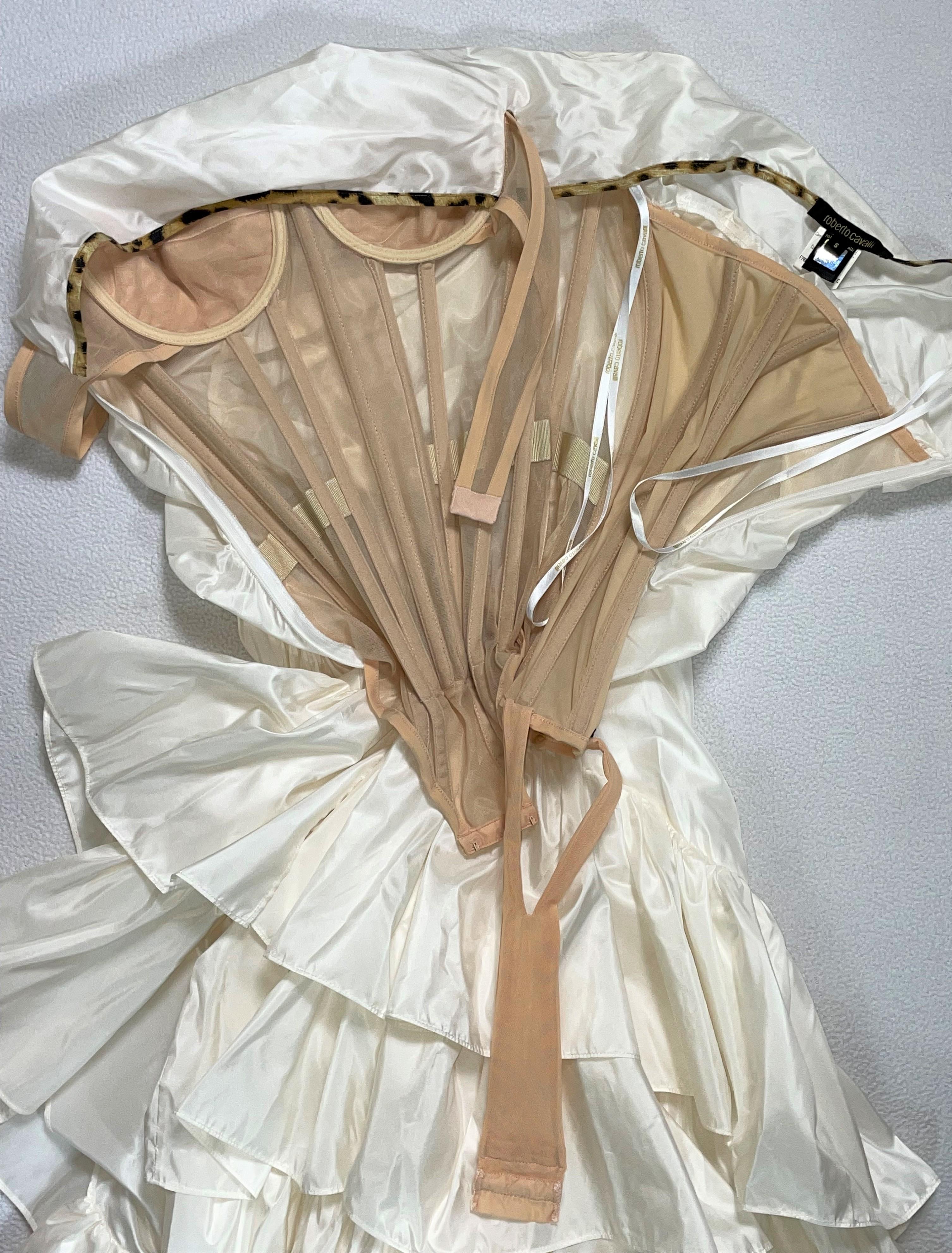 Women's S/S 2005 Roberto Cavalli Ivory Silk Sating High Front Slit Strapless Ruffle Gown