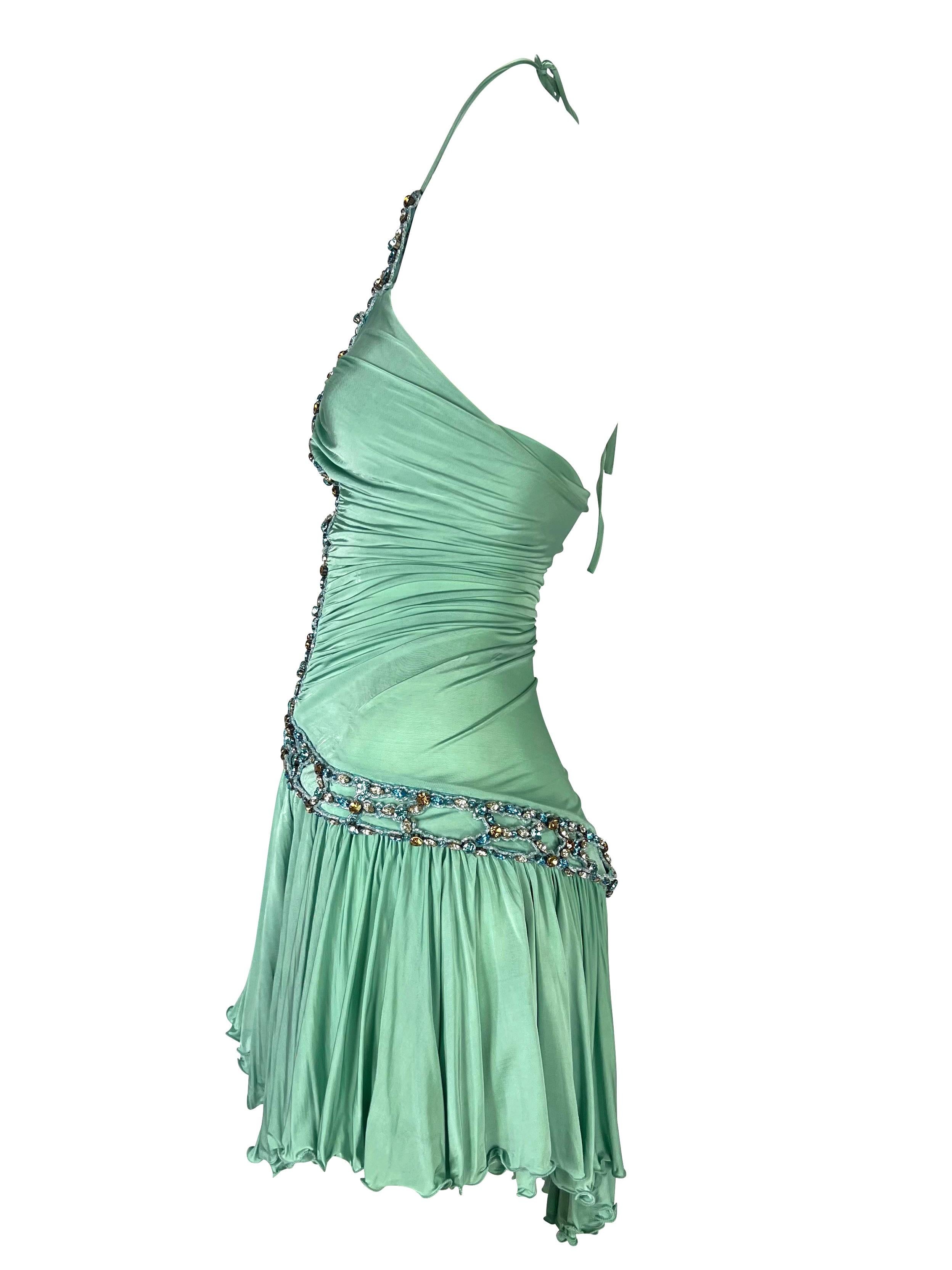 S/S 2005 Roberto Cavalli Light Blue Rhinestone Ruched Stretch Flare Mini Dress In Good Condition In West Hollywood, CA