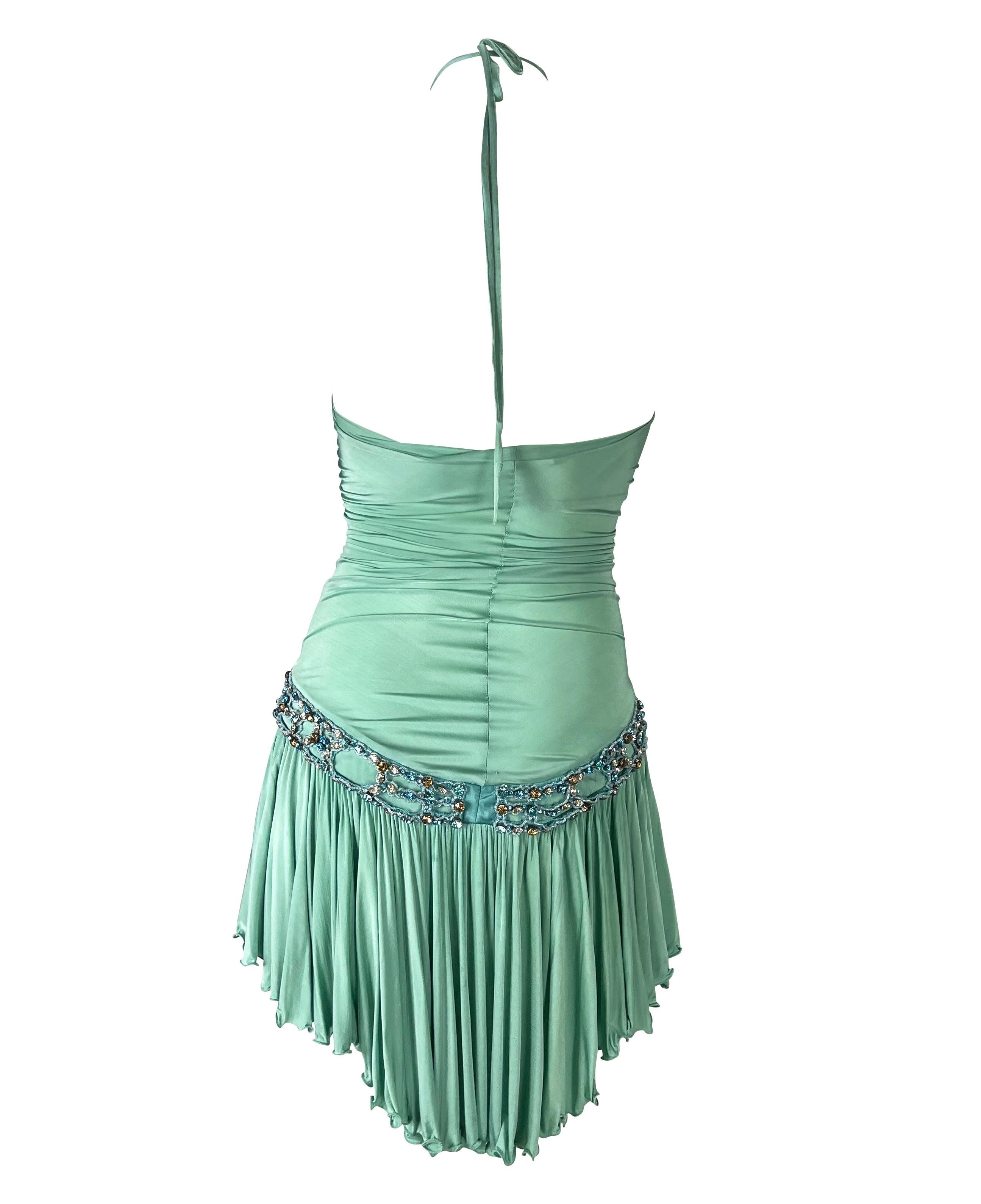 Women's S/S 2005 Roberto Cavalli Light Blue Rhinestone Ruched Stretch Flare Mini Dress