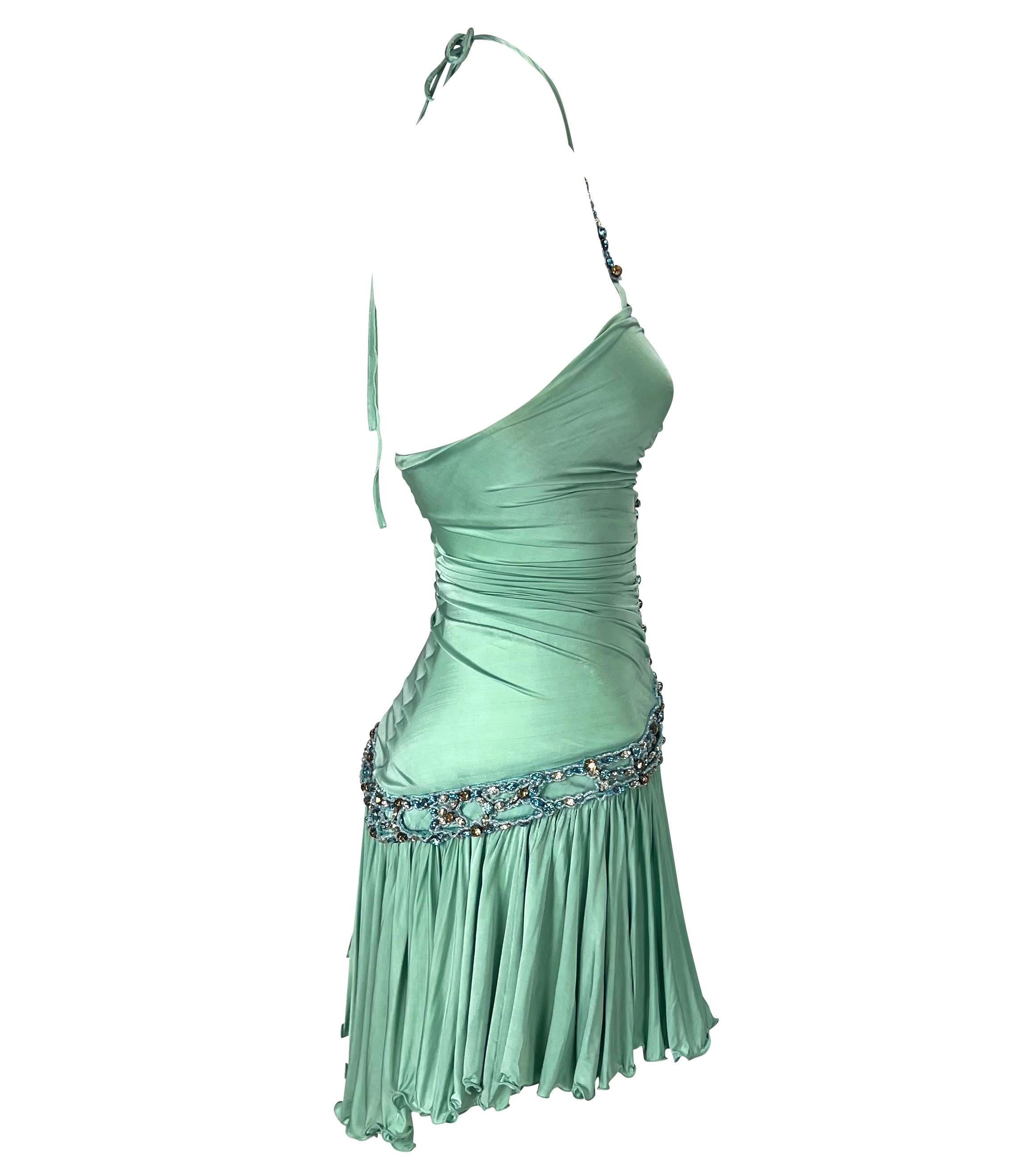 S/S 2005 Roberto Cavalli Light Blue Rhinestone Ruched Stretch Flare Mini Dress 1