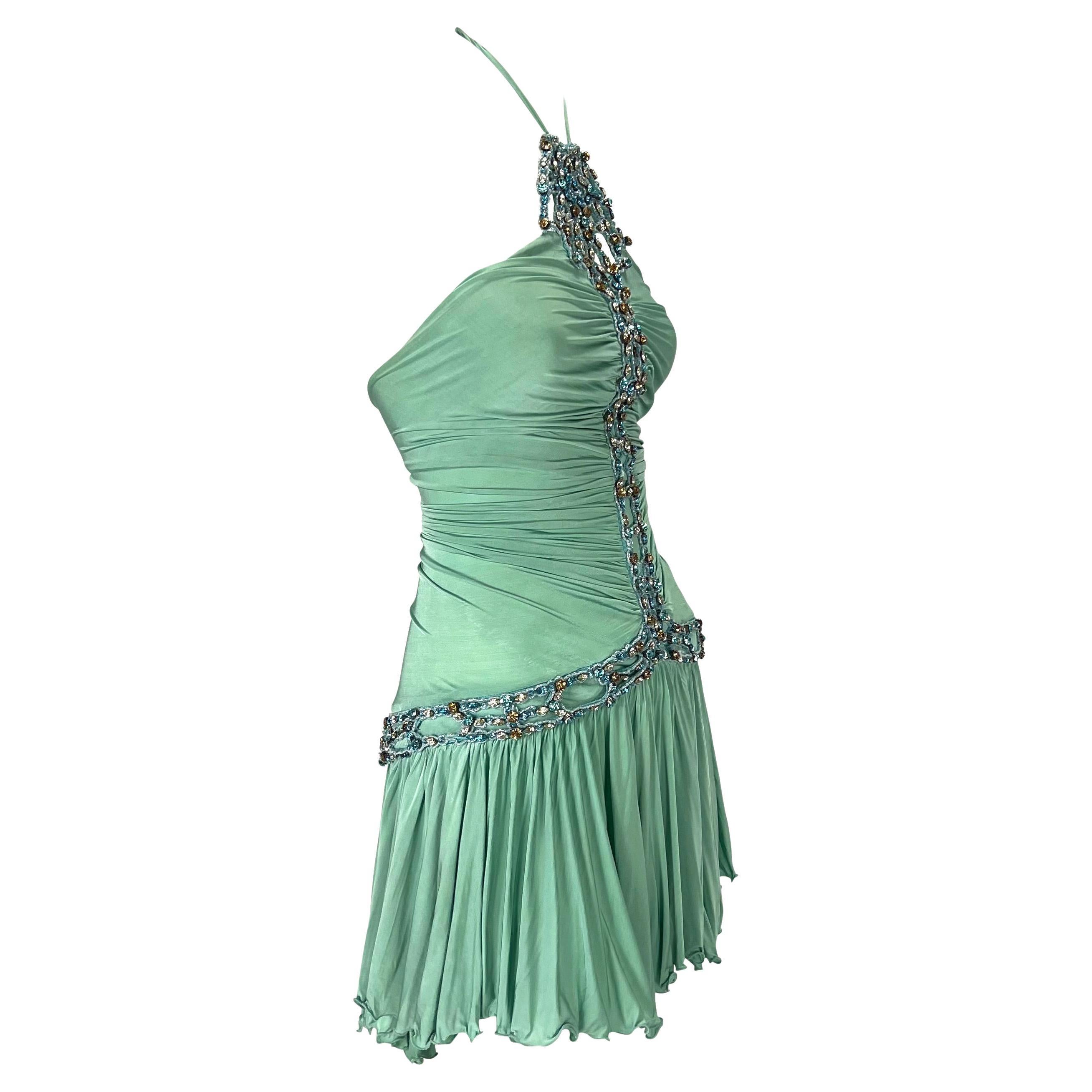 S/S 2005 Roberto Cavalli Light Blue Rhinestone Ruched Stretch Flare Mini Dress 2