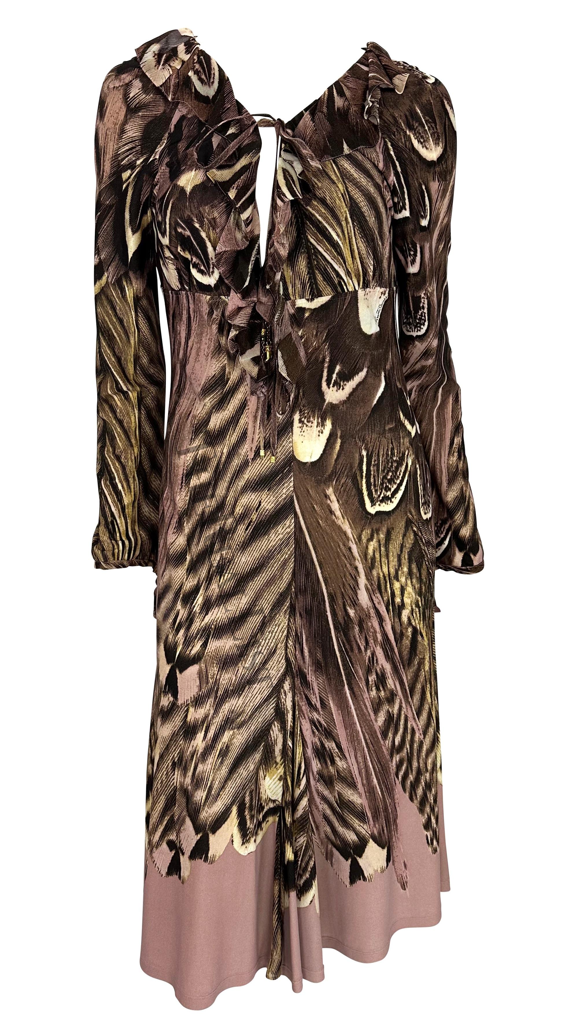 Women's S/S 2005 Roberto Cavalli Pink Feather Print Long Sleeve Charm Dress For Sale