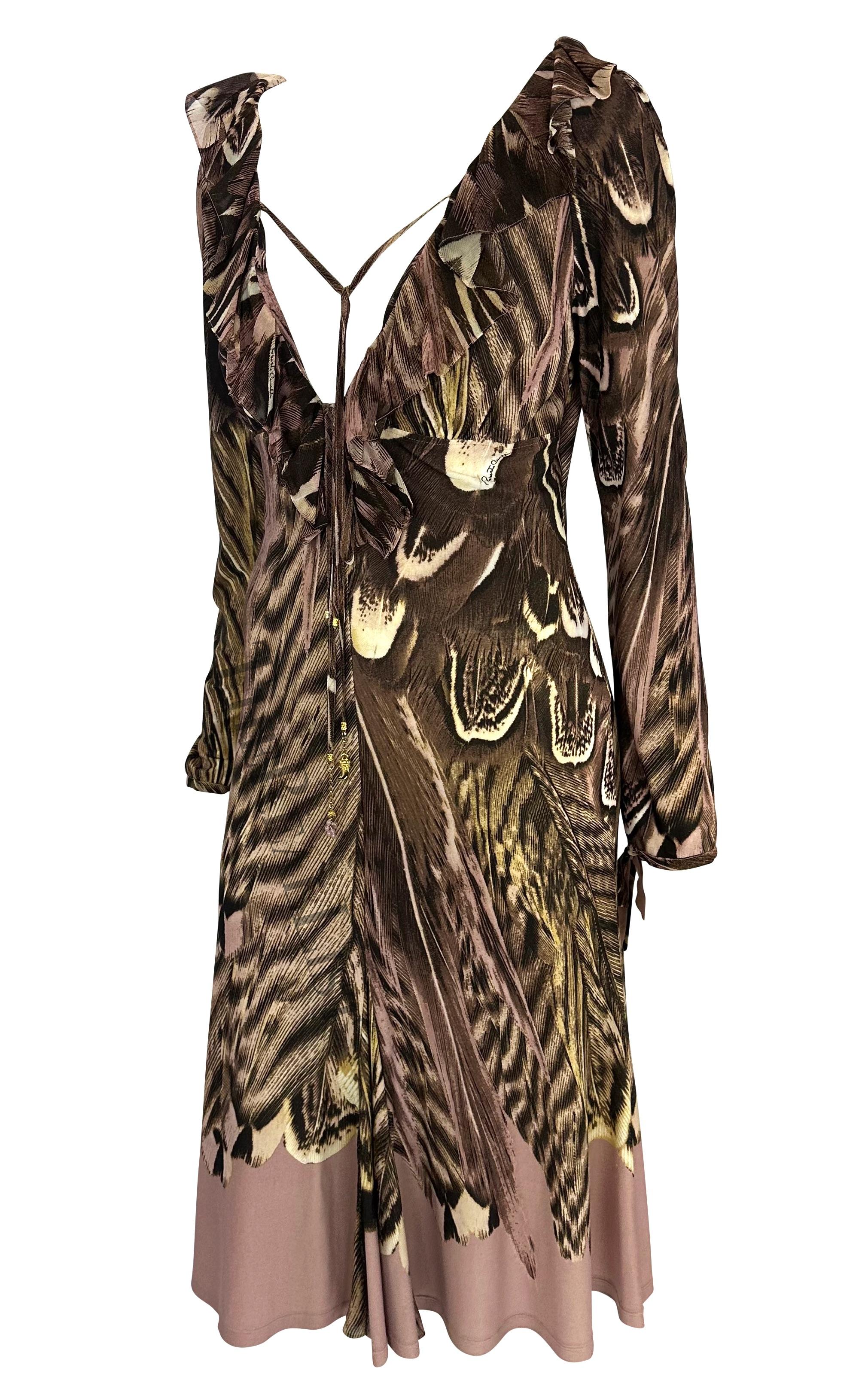 S/S 2005 Roberto Cavalli Pink Feather Print Long Sleeve Charm Dress For Sale 1