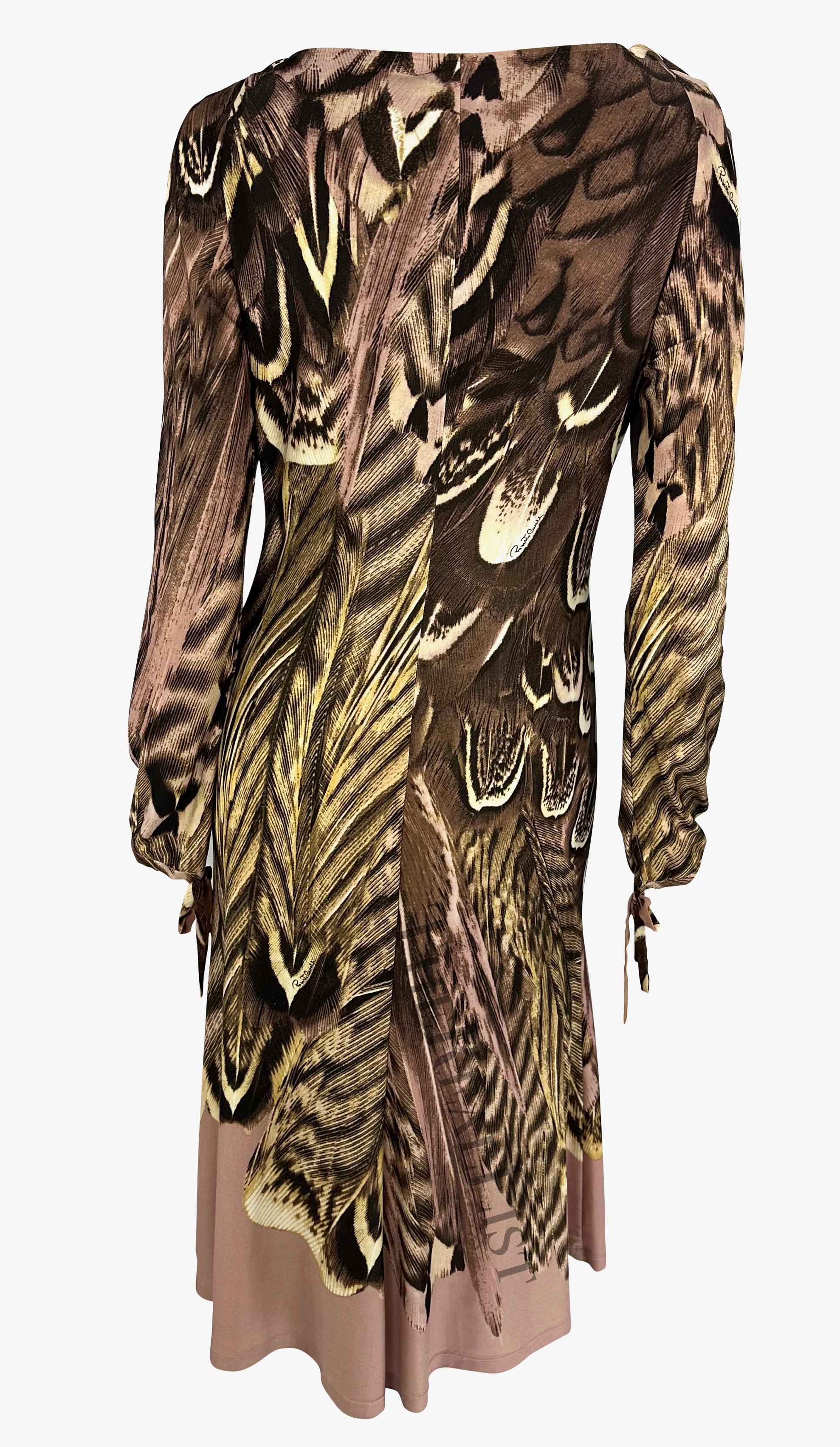 S/S 2005 Roberto Cavalli Pink Feather Print Long Sleeve Charm Dress For Sale 3