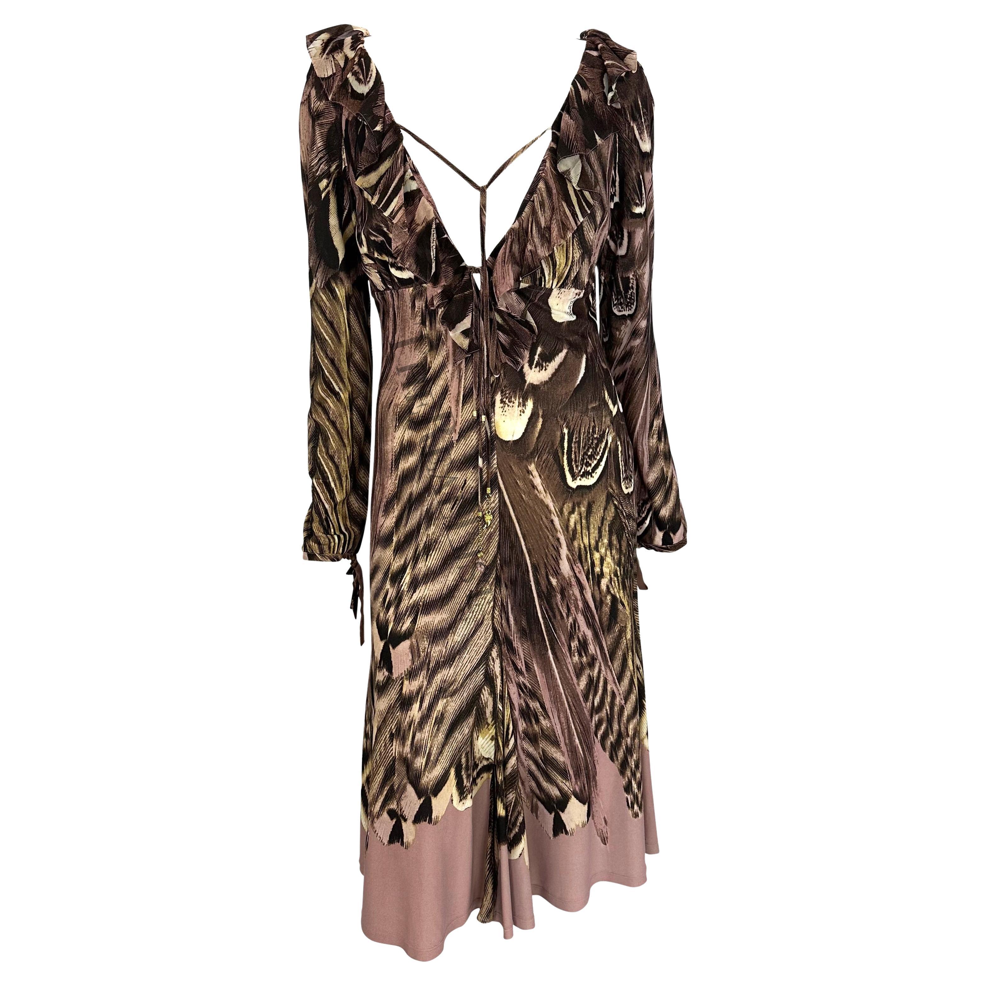 S/S 2005 Roberto Cavalli Pink Feather Print Long Sleeve Charm Dress For Sale