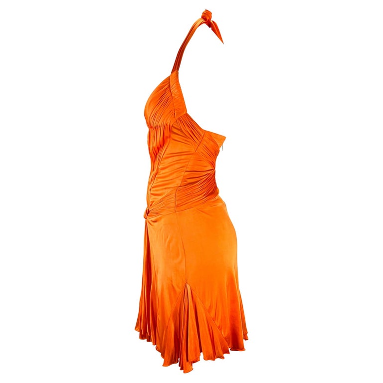 Red S/S 2005 Roberto Cavalli Plunging Orange Corseted Backless Viscose Mini Dress For Sale