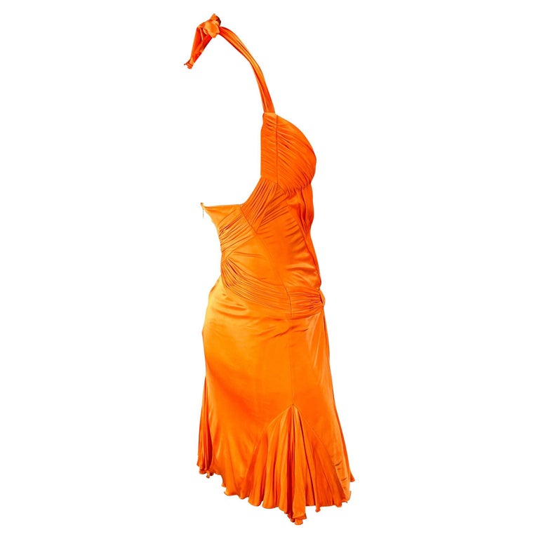 Women's S/S 2005 Roberto Cavalli Plunging Orange Corseted Backless Viscose Mini Dress For Sale