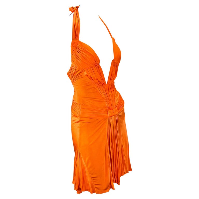 S/S 2005 Roberto Cavalli Plunging Orange Corseted Backless Viscose Mini Dress For Sale 1