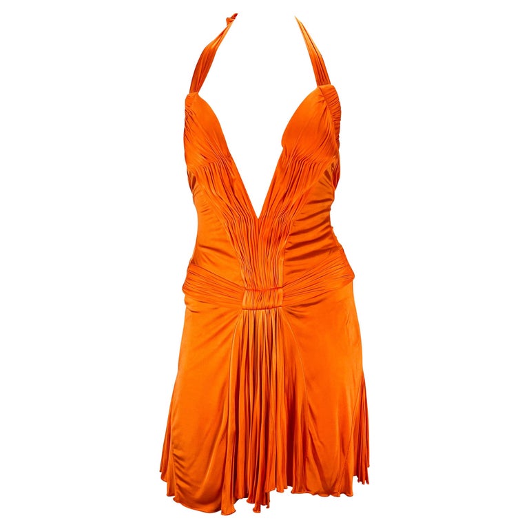 S/S 2005 Roberto Cavalli Plunging Orange Corseted Backless Viscose Mini Dress For Sale