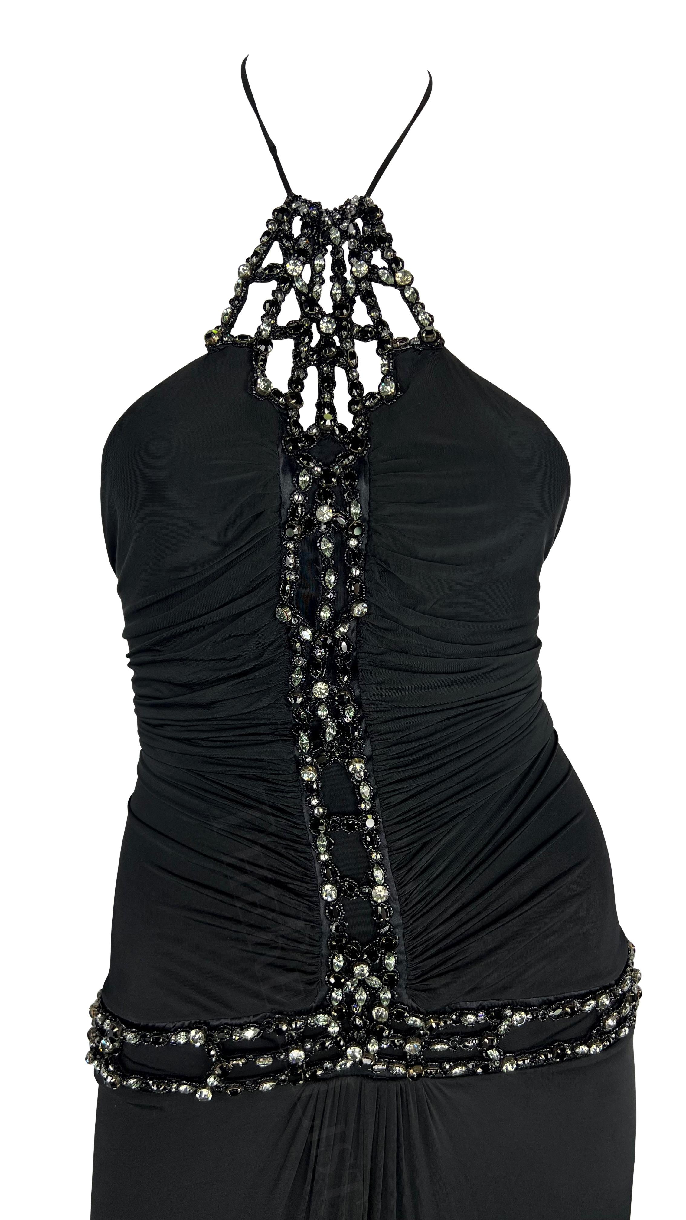 S/S 2005 Roberto Cavalli Rhinestone Ruched Bodycon Stretch Black Halter Gown In Excellent Condition For Sale In West Hollywood, CA