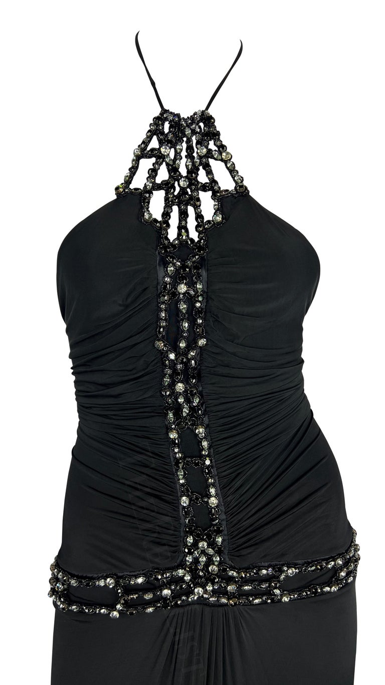 S/S 2005 Roberto Cavalli Rhinestone Ruched Bodycon Stretch Black Halter Gown In Excellent Condition For Sale In Philadelphia, PA