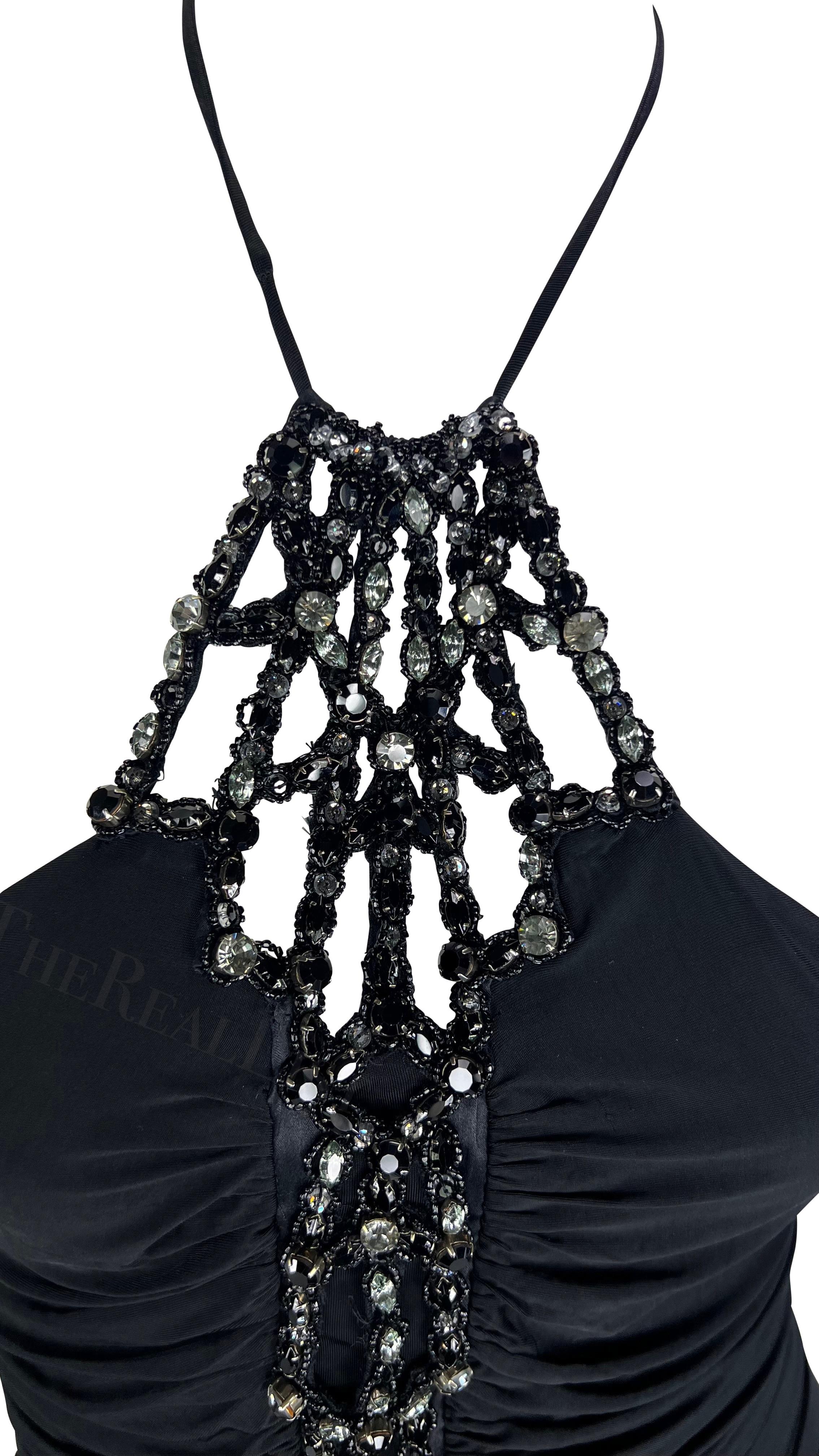 Women's S/S 2005 Roberto Cavalli Rhinestone Ruched Bodycon Stretch Black Halter Gown For Sale