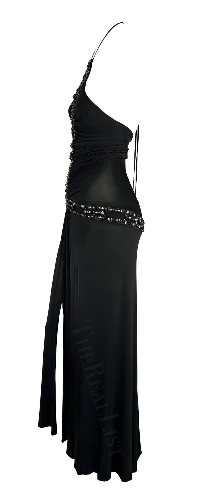 S/S 2005 Roberto Cavalli Rhinestone Ruched Bodycon Stretch Black Halter Gown For Sale 1