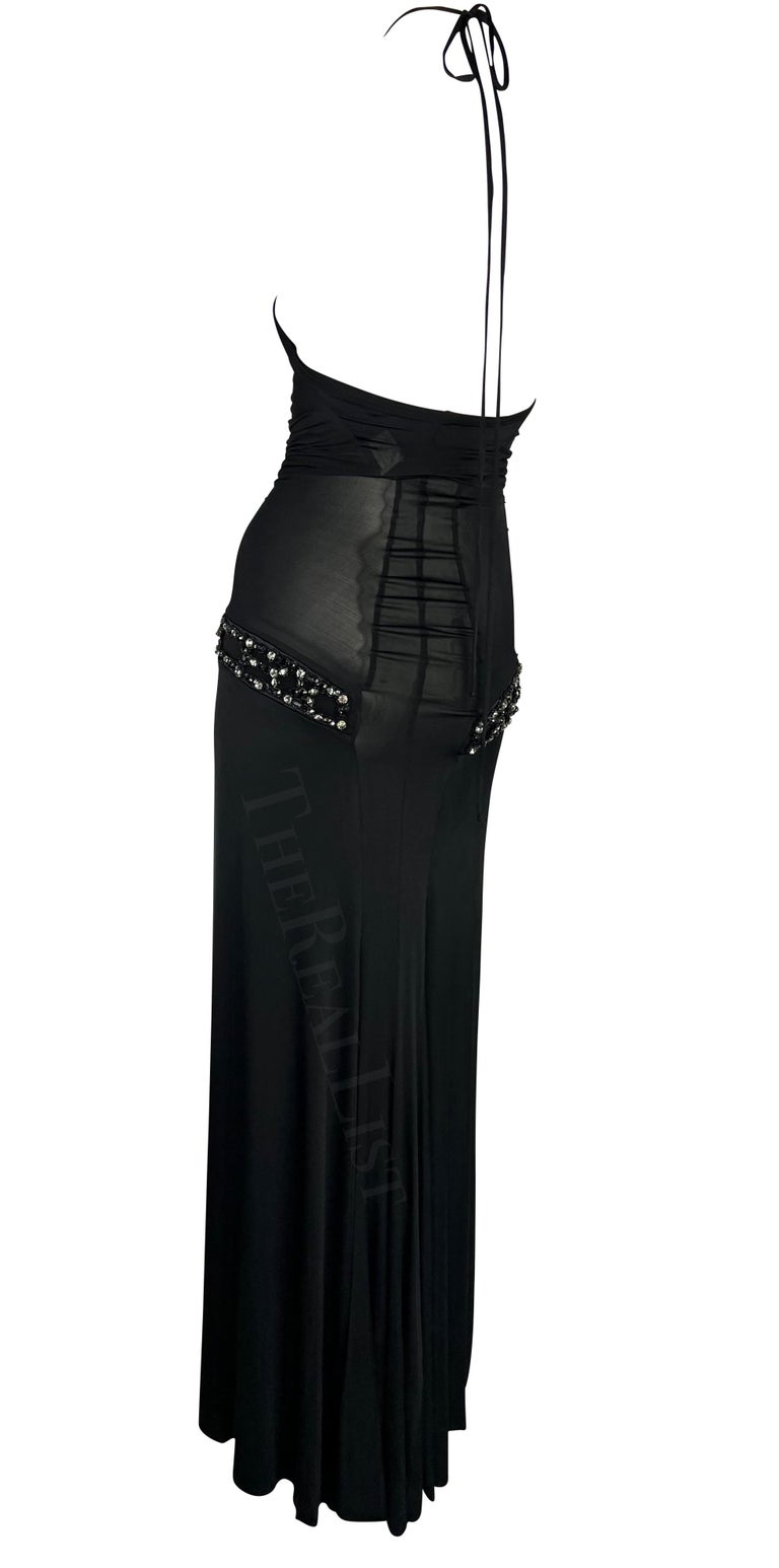 S/S 2005 Roberto Cavalli Rhinestone Ruched Bodycon Stretch Black Halter Gown For Sale 2