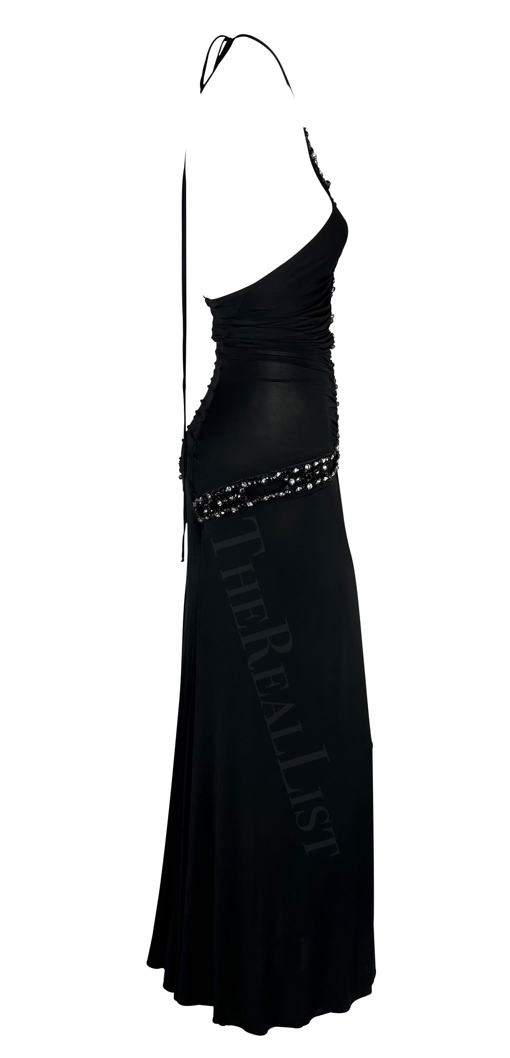 S/S 2005 Roberto Cavalli Rhinestone Ruched Bodycon Stretch Black Halter Gown For Sale 4