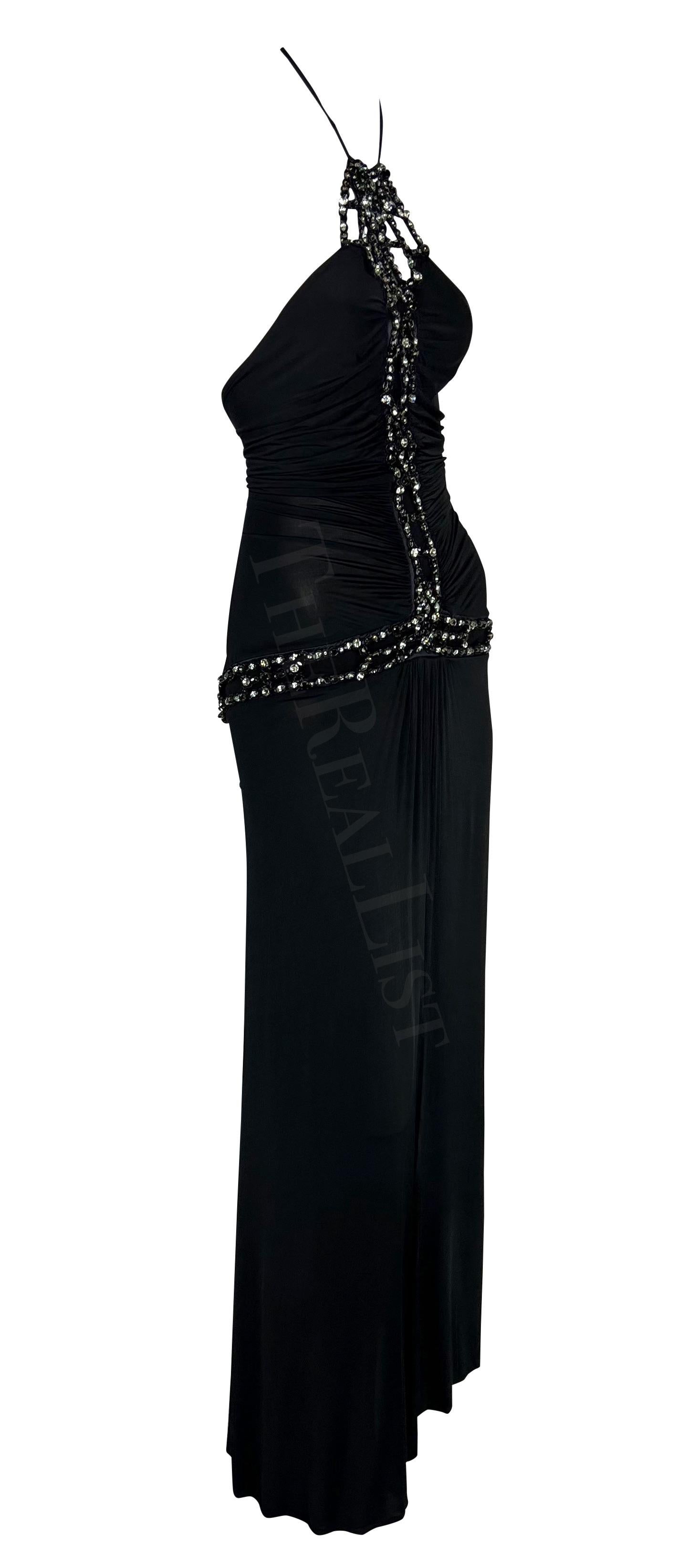 S/S 2005 Roberto Cavalli Rhinestone Ruched Bodycon Stretch Black Halter Gown For Sale 5