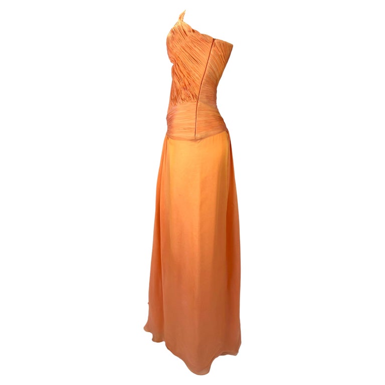 S/S 2005 Roberto Cavalli Ruched Orange Silk Chiffon Asymmetric High Slit Gown In Good Condition For Sale In Philadelphia, PA