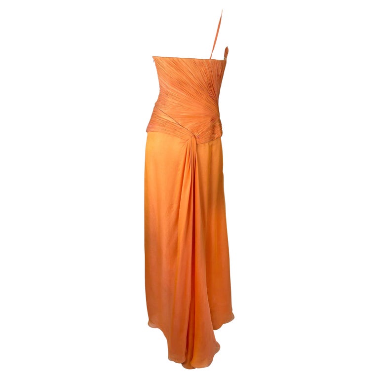 Women's S/S 2005 Roberto Cavalli Ruched Orange Silk Chiffon Asymmetric High Slit Gown For Sale
